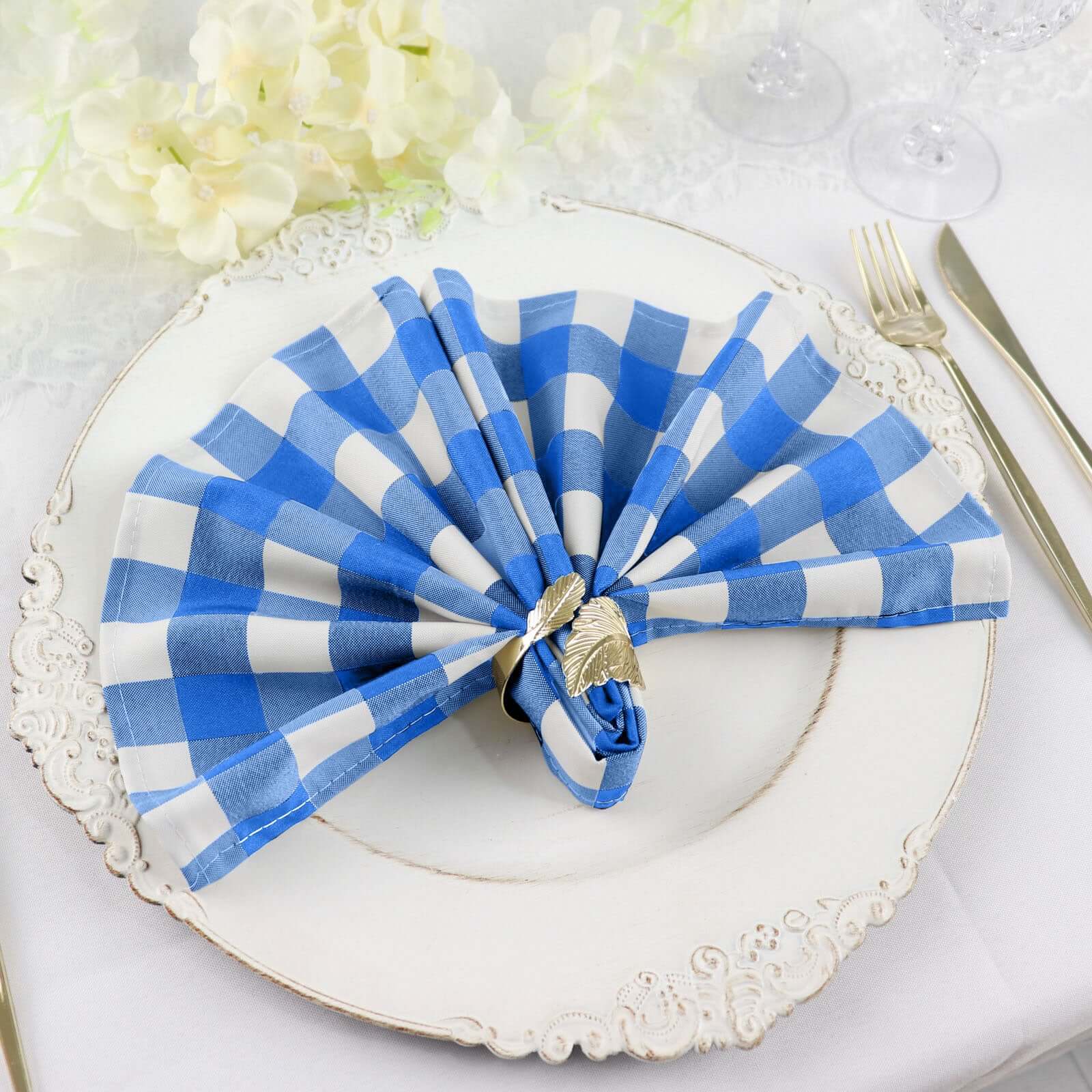 5 Pack Polyester 15"x15" Napkins Blue/White Buffalo Plaid Gingham Style Cloth Napkins