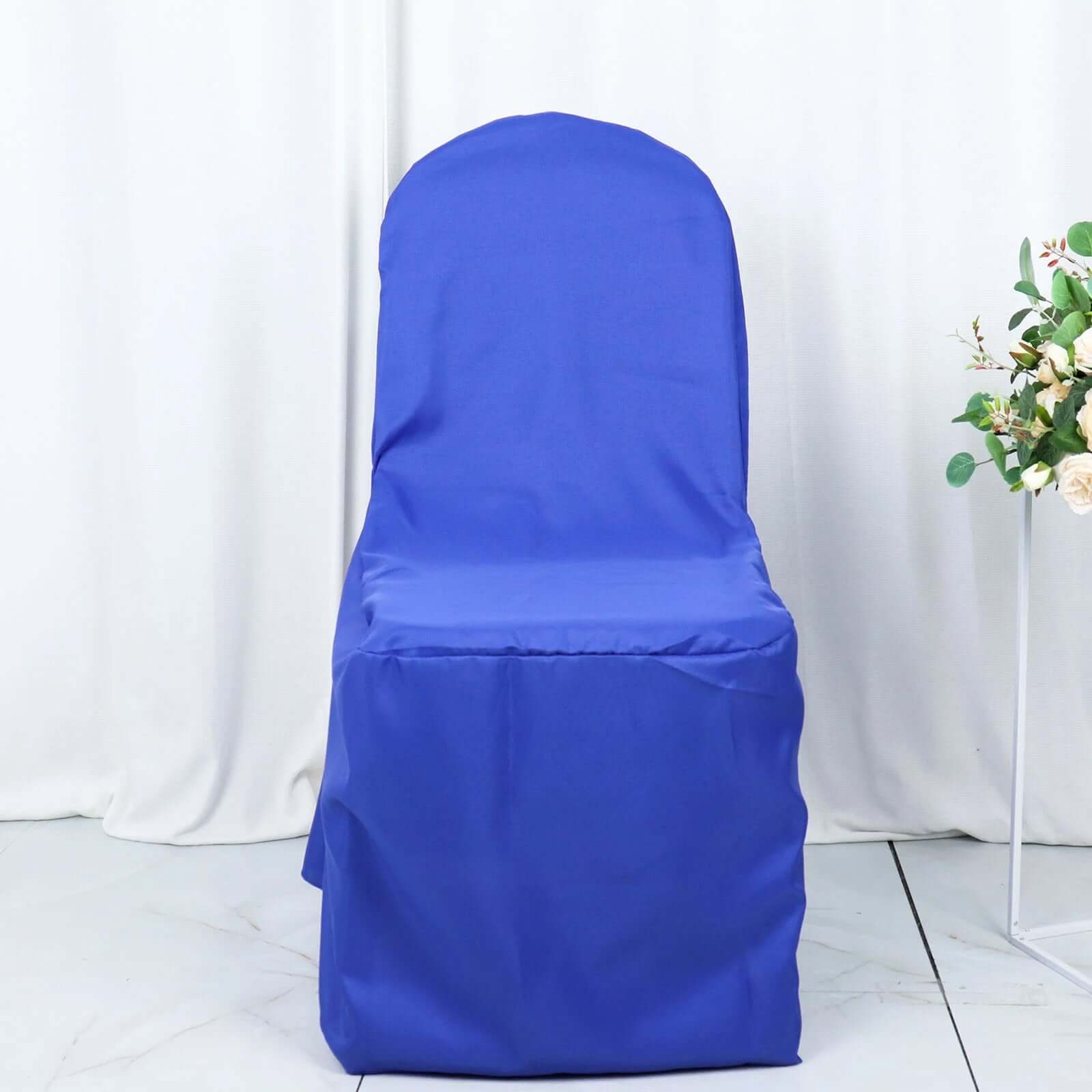 10 Pack Polyester Chair Cover for Banquet Chairs Royal Blue - Stain-Resistant Reusable Slip-On Slipcover
