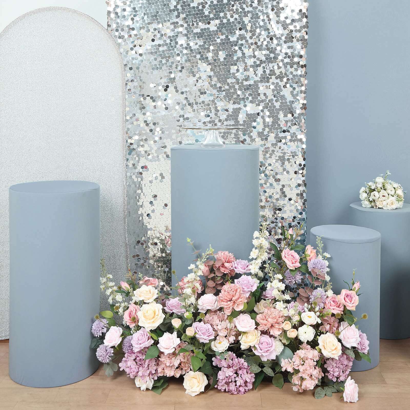 Set of 5 Dusty Blue Spandex Cylinder Pedestal Stand Covers, Stretchable Pillar Prop Covers - 160 GSM