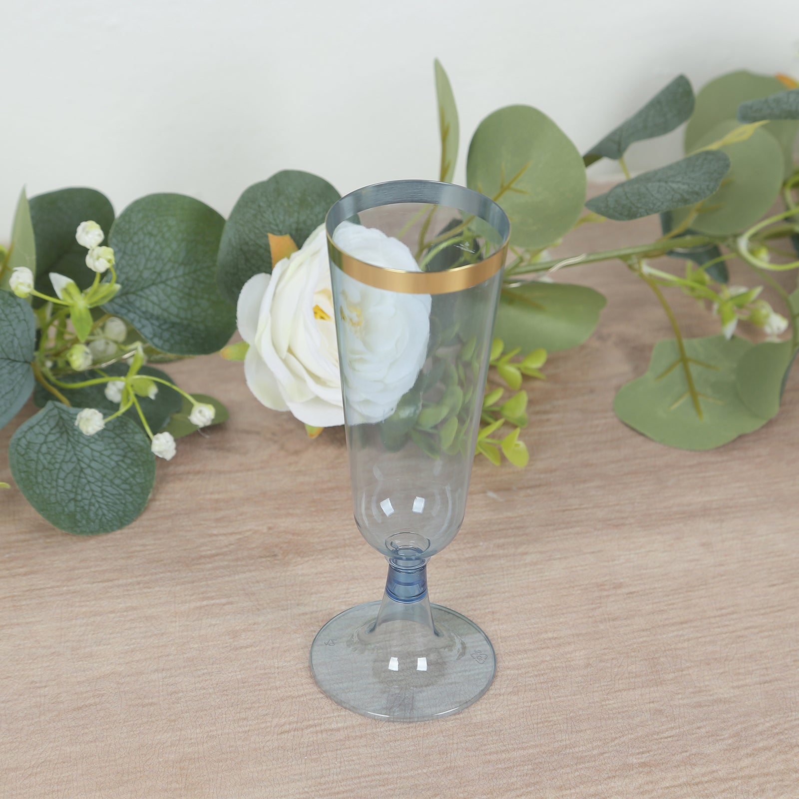 12-Pack Plastic Champagne Flutes Transparent Dusty Blue with Gold Rim - Stylish Disposable Cocktail Glasses for Parties 5oz 6"