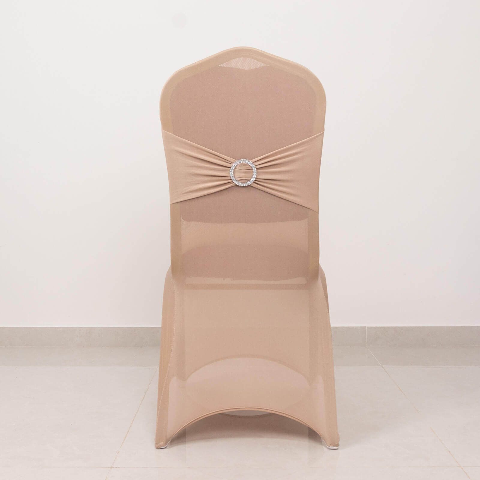 Spandex Chair Cover with Silver Rhinestone Buckled Sash Band Nude - Stretch Fitted Slipcover