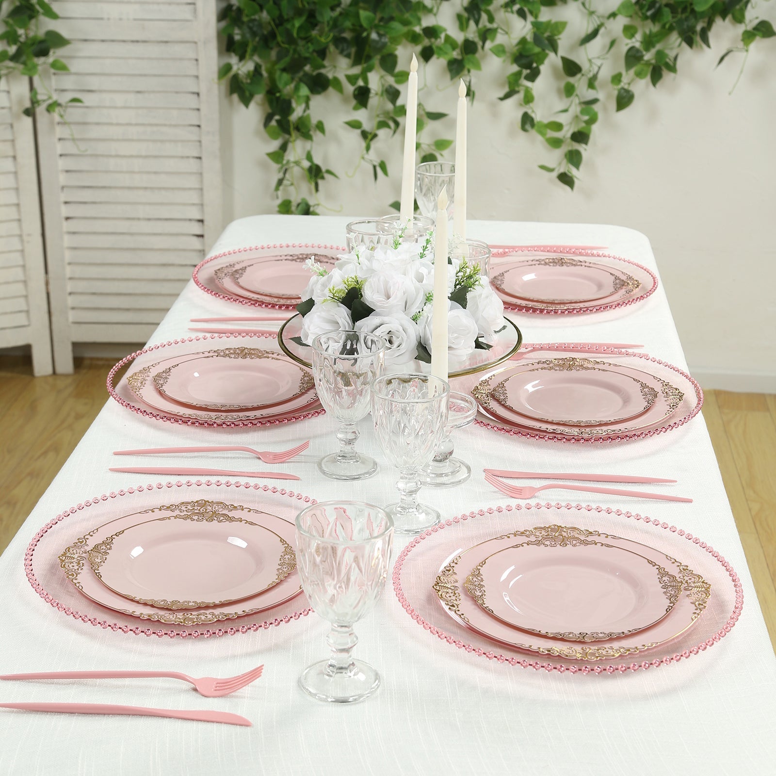 10-Pack Economy Round Plastic Charger Plates 13" in Transparent Blush with Beaded Rim, Stylish Dinner Party Serving Plates