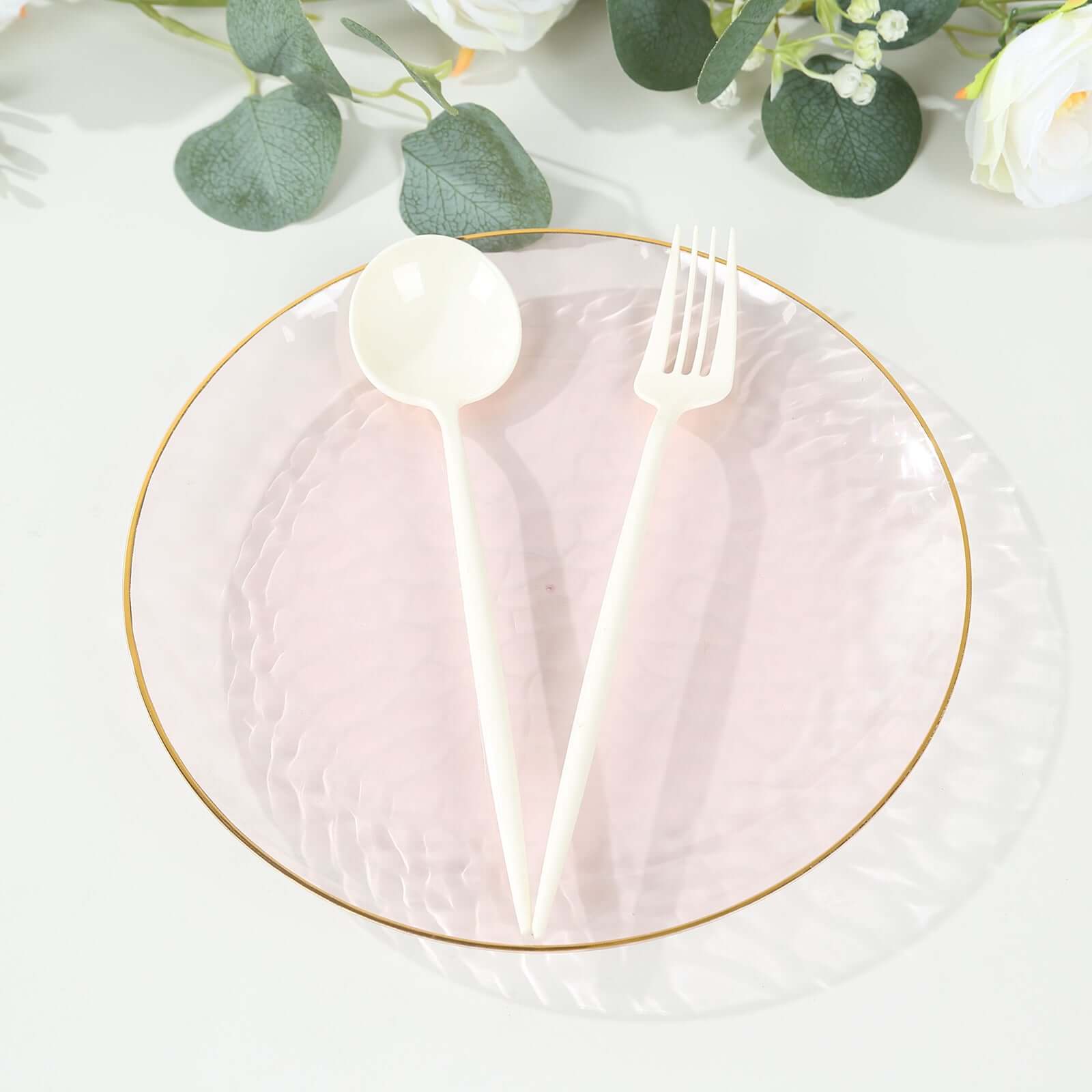 10-Pack Plastic 9" Round Dinner Plates in Transparent Blush Hammered Design with Gold Rim - Modern Disposable Party Plates