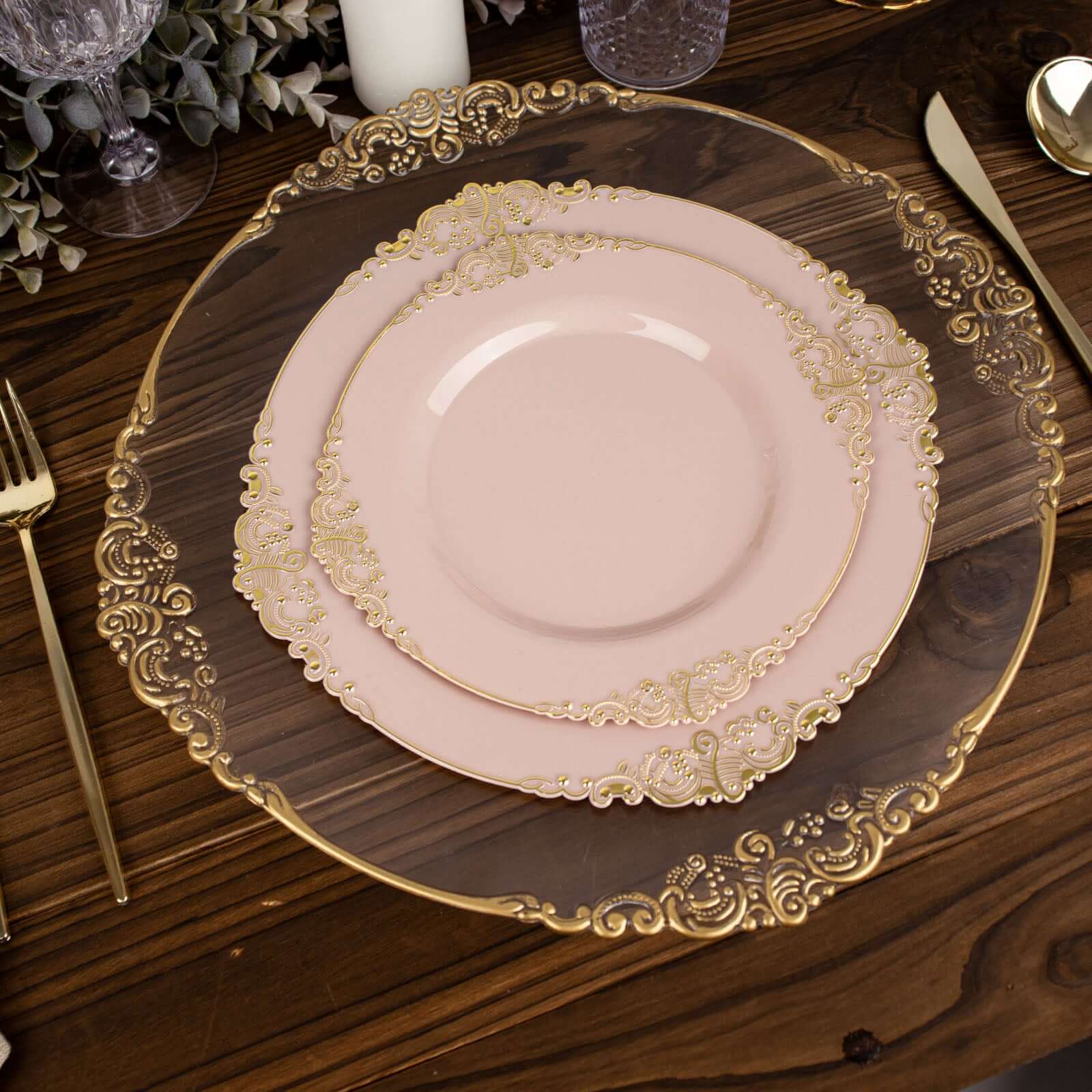 10-Pack Plastic 8" Round Dessert Plates in Blush with Gold Leaf Embossed Rim - Disposable Vintage Baroque Style Salad Plates