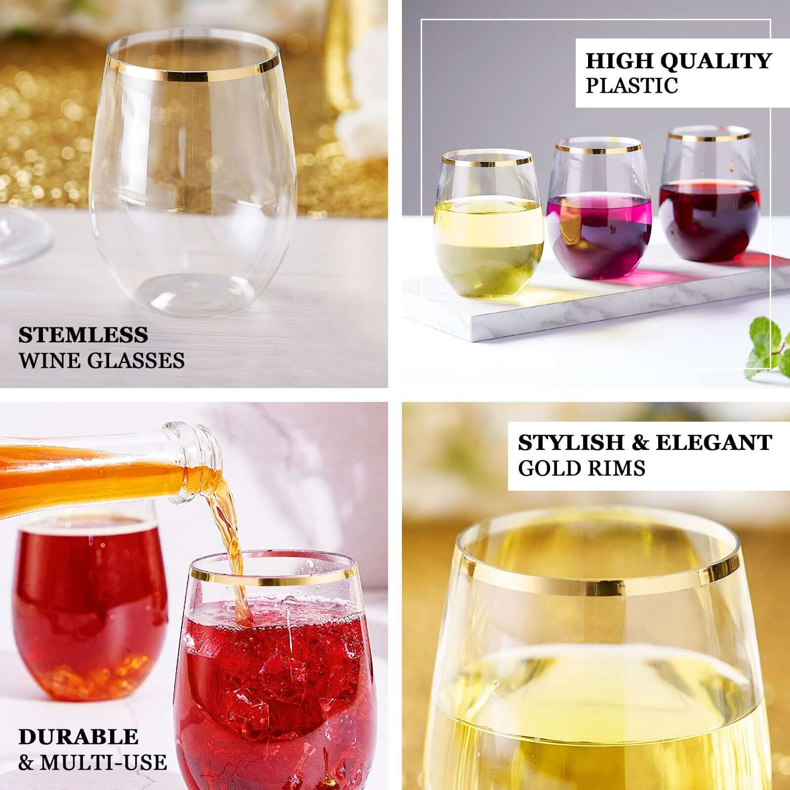 12-Pack Plastic Wine Tumblers Transparent Blush with Gold Rim - Reusable Drinkware 12oz