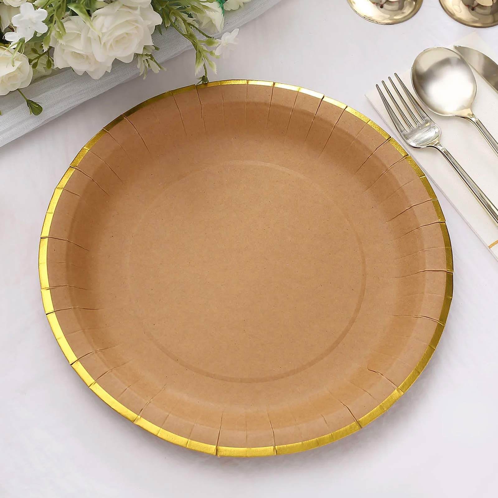 25-Pack Kraft Paper 10" Round Dinner Plates in Natural Brown with Gold Lined Rim - Disposable Party Plates for Rustic & Vintage Inspired Events