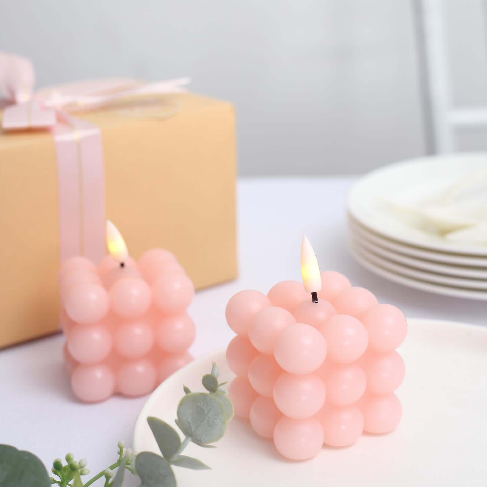 2-Pack LED Flameless Cube Candles Flickering Warm White Blush - Battery Operated Bubble Design 2"