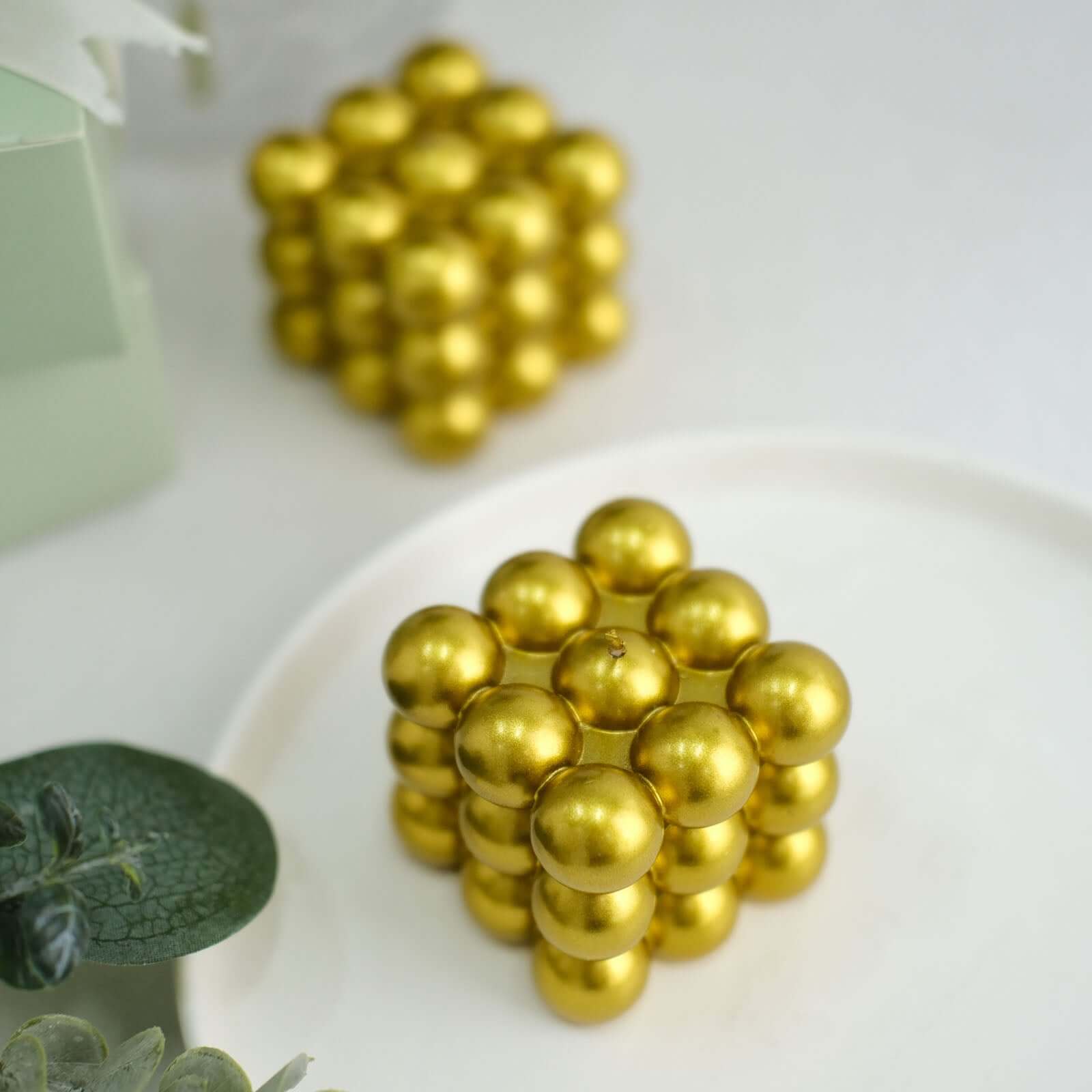 2-Pack Decorative Paraffin Wax Candles Bubble Cube Design Metallic Gold - Unscented Long Burning Pillar Candle Set 2"