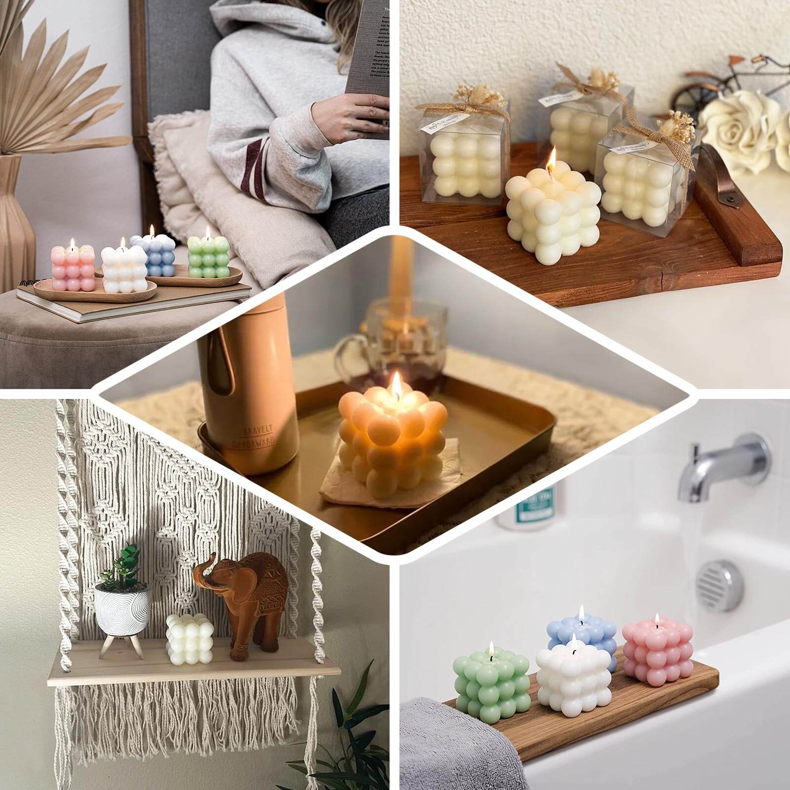 2-Pack Decorative Paraffin Wax Candles Bubble Cube Design Burgundy - Unscented Long Burning Pillar Candle Set 2"