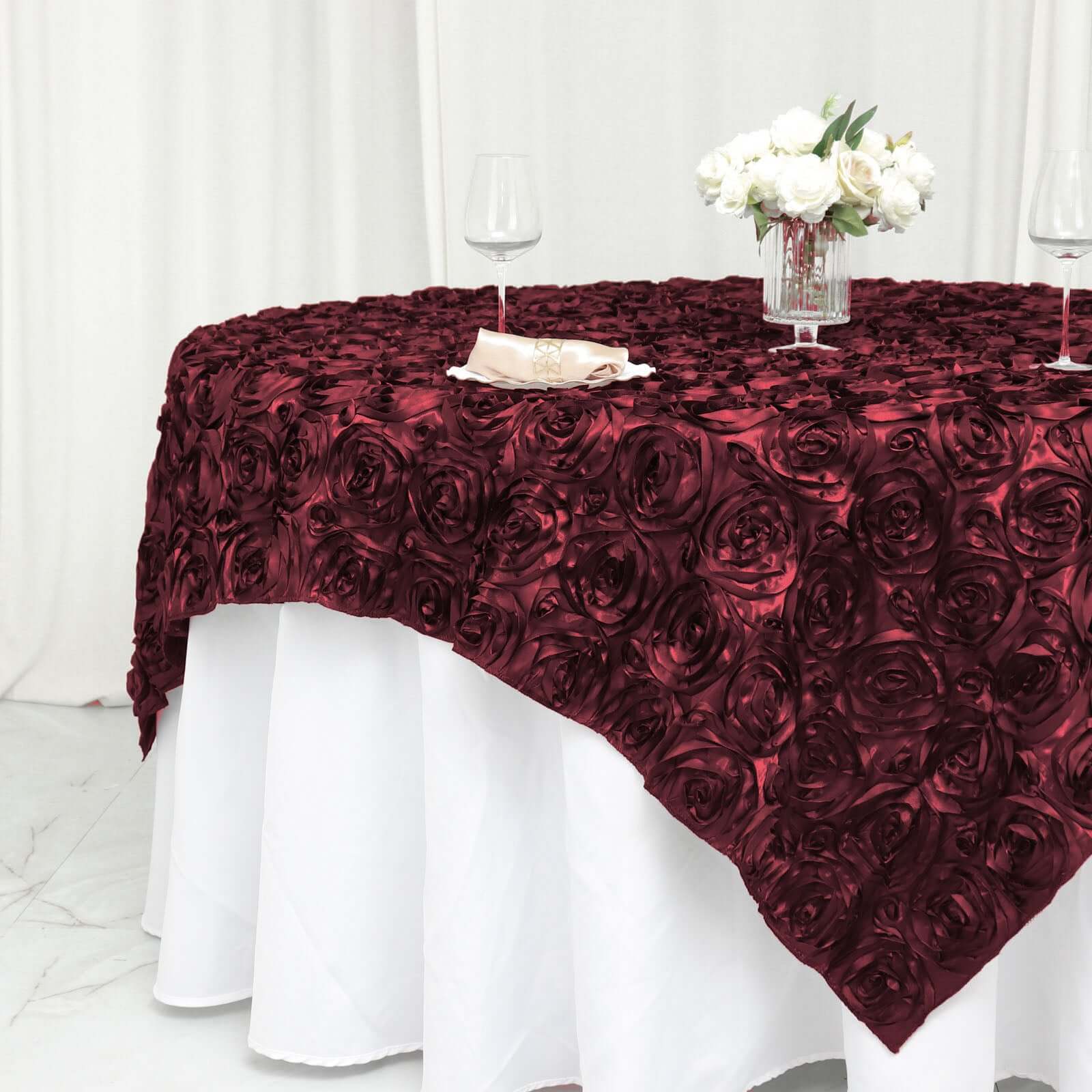 Satin 72"x72" Table Overlay Square Tablecloth Burgundy - 3D Rosette Table Cover