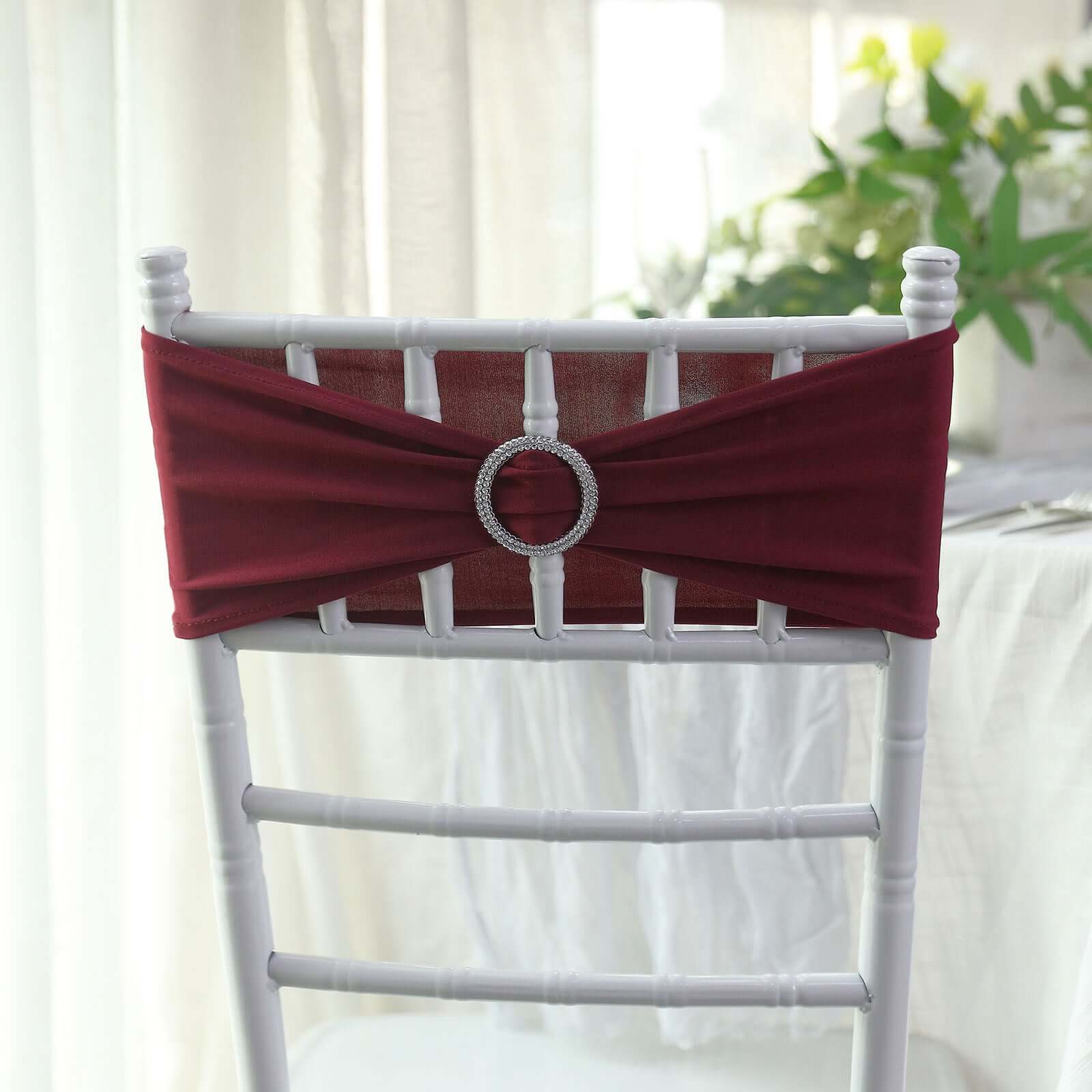 5 Pack Stretch Spandex Chair Sashes Burgundy - Reusable Chair Bands with Silver Diamond Ring Slide Buckle 5"x14"