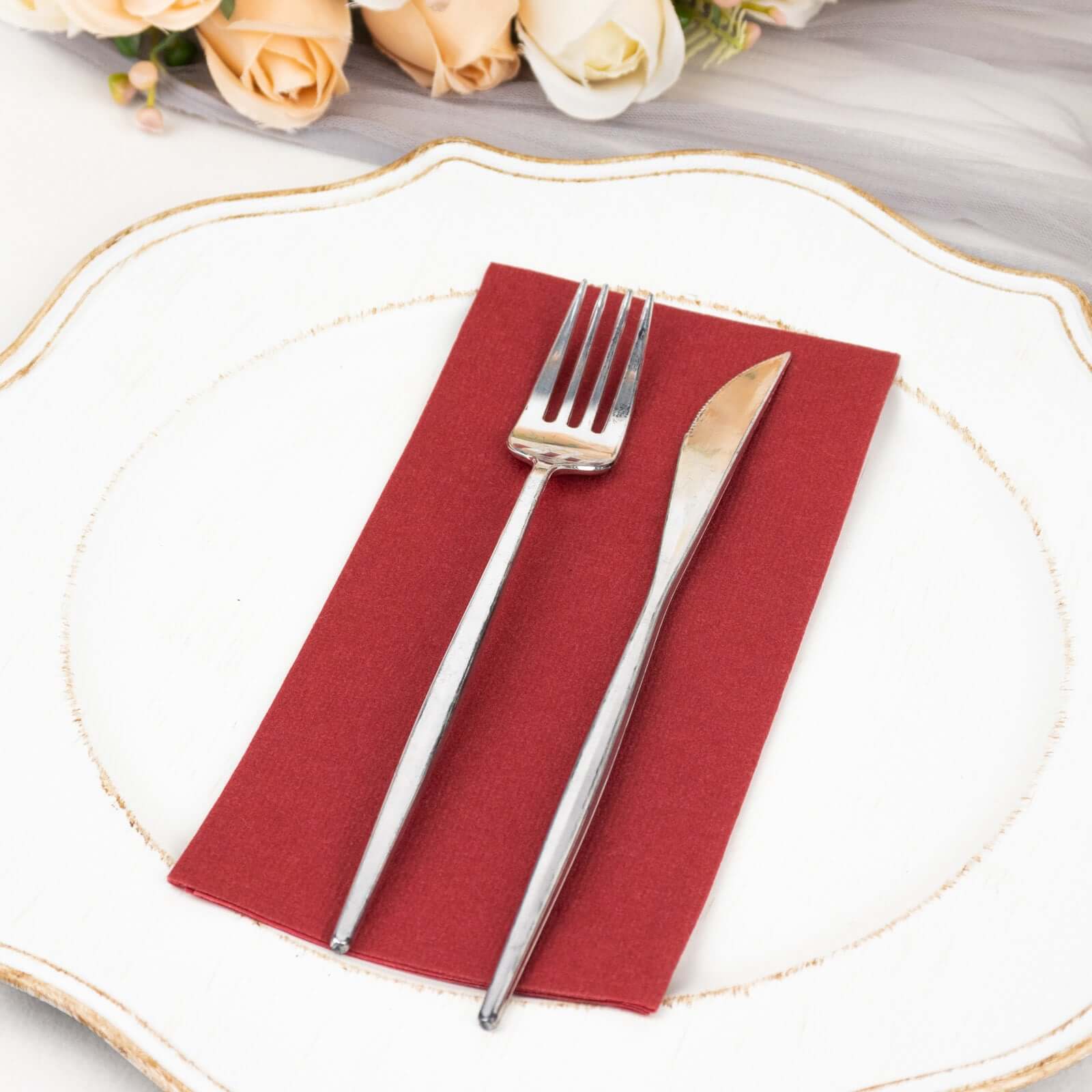 20 Pack Linen-Like Paper 8.5"x4" Napkins Burgundy - Highly Absorbent & Disposable Airlaid Guest Towels