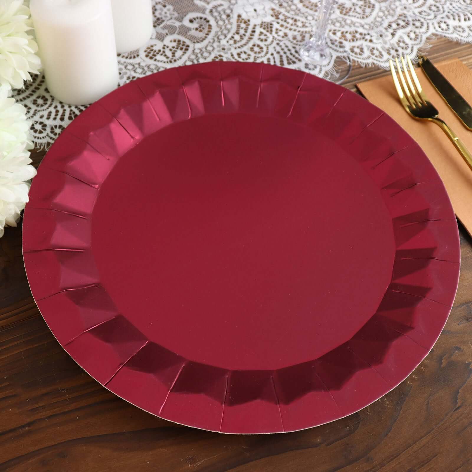 25-Pack Paper 12" Round Charger Plates in Burgundy with Geometric Prism Design - Disposable 400GSM Serving Trays