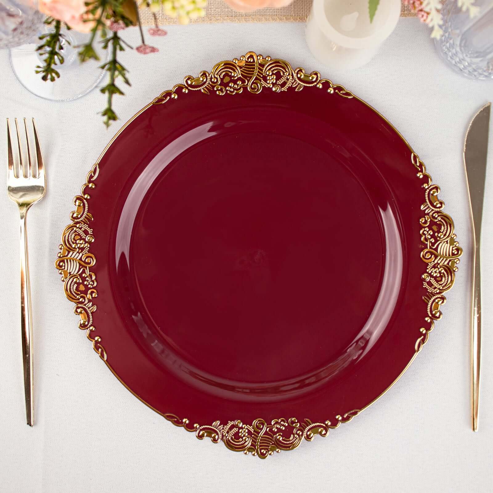 10-Pack Plastic 10" Round Dinner Plates in Burgundy with Gold Leaf Embossed Rim - Disposable Vintage Baroque Style Plates