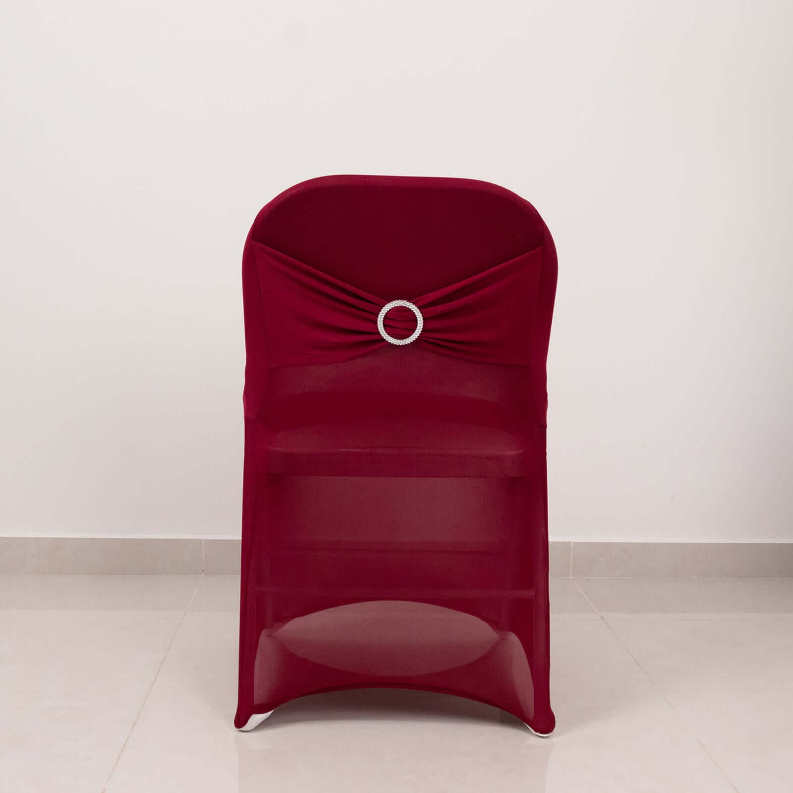 Stretch Spandex Chair Cover Burgundy for Folding Chairs - Secure Fit Slipcover with Silver Rhinestone Buckled Sash Band