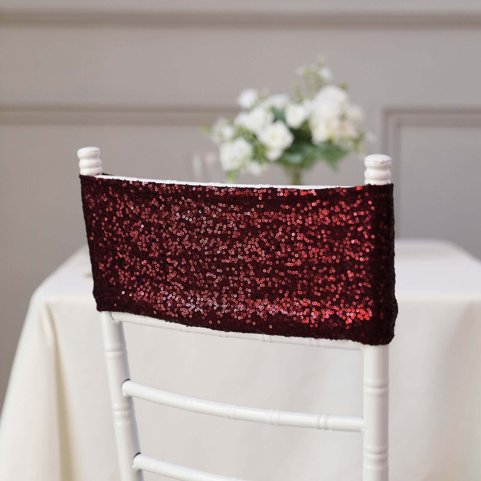 5 Pack Sequin Spandex Chair Sashes Burgundy - Stretch Chair Bands 6"x15"