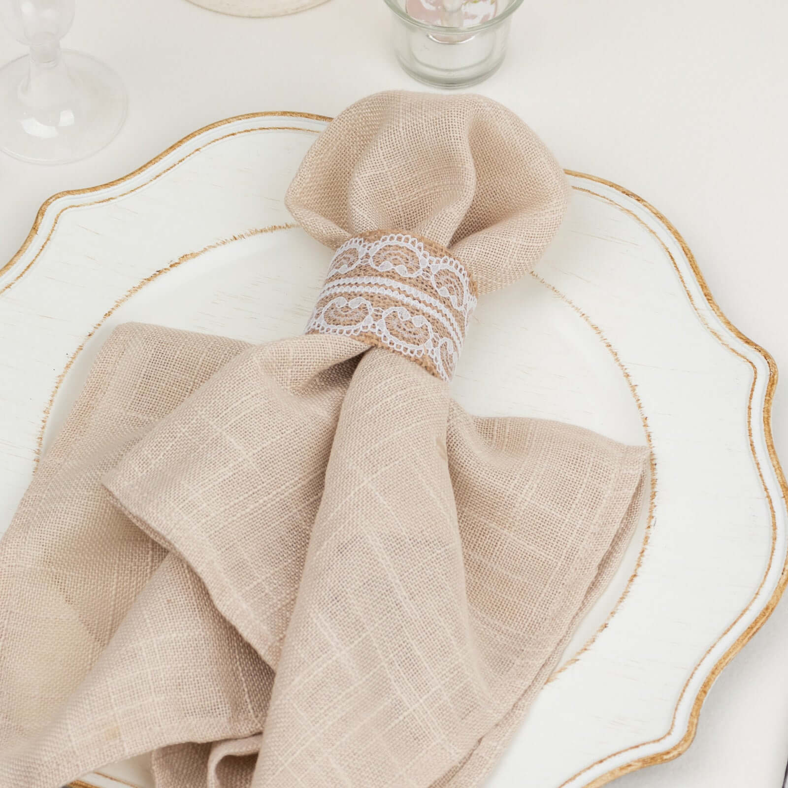 6 Pack Rustic Boho Chic Burlap and Lace Napkin Rings, Farmhouse Style Jute Serviette Buckles Holder