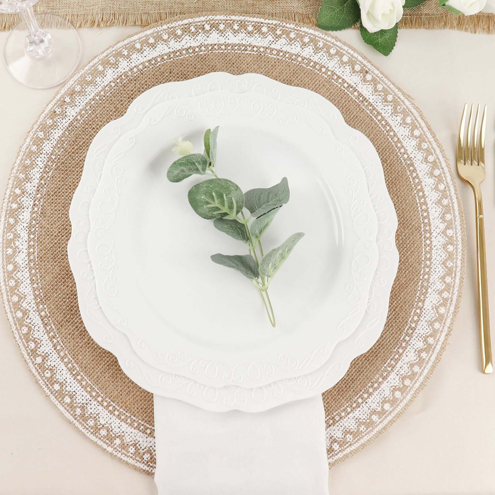 4-Pack Placemats Braided Design Natural Jute and White Round - Rustic Burlap Woven Table Mats 15"