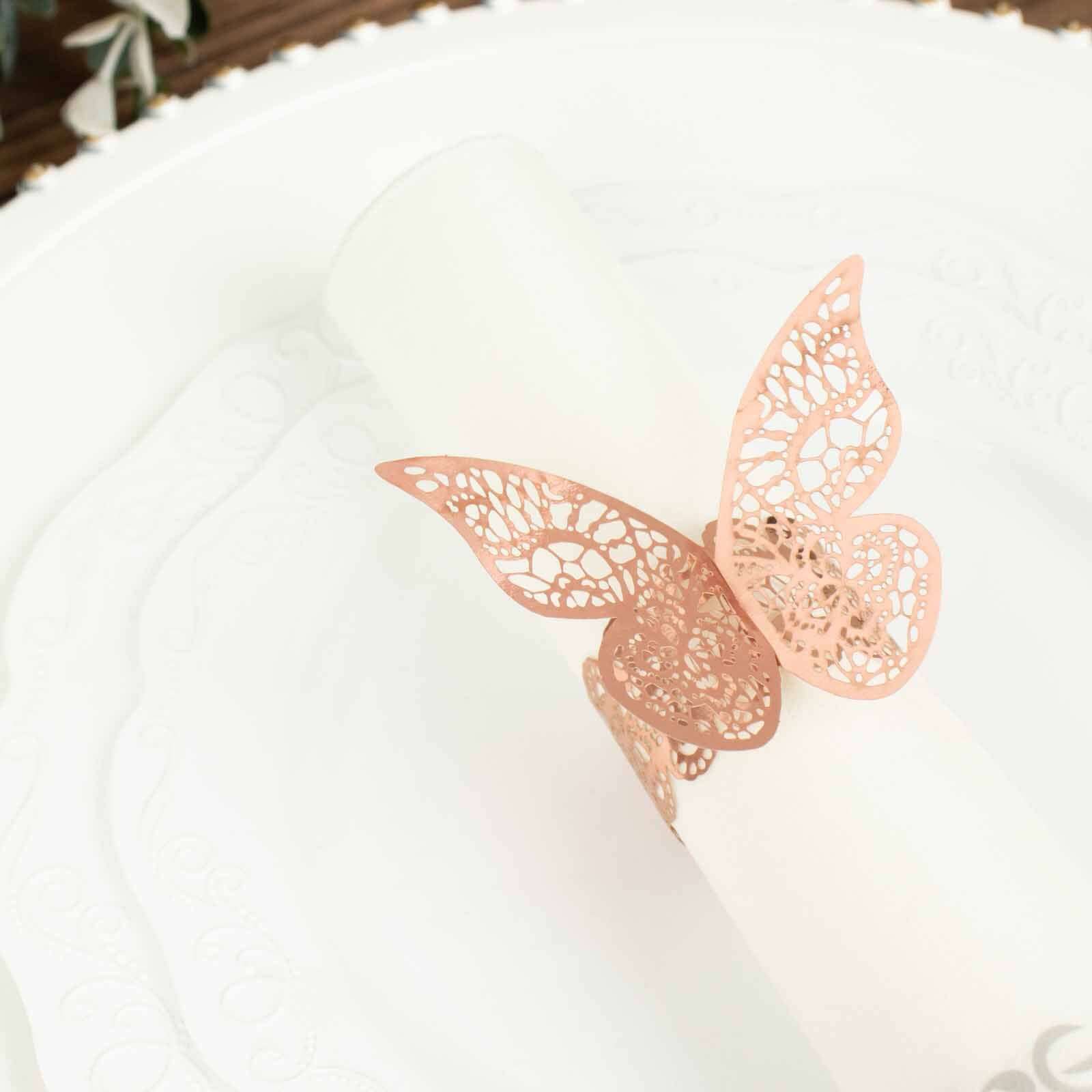 12-Pack Paper Napkin Rings Laser Cut Butterfly Metallic Rose Gold - Decorative Serviette Holders