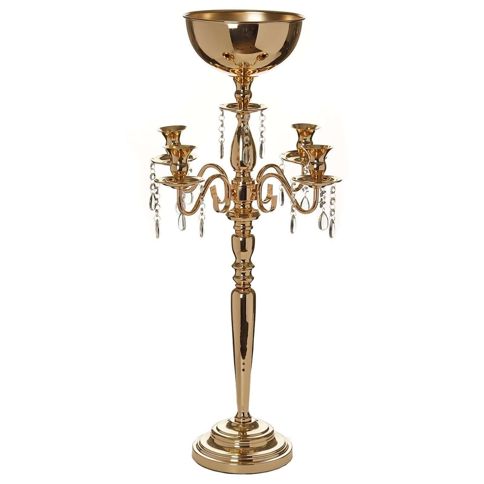 Metal Candelabra 4 Arm Design Gold with Flower Vase Bowl - Table Centerpiece for Weddings 33"