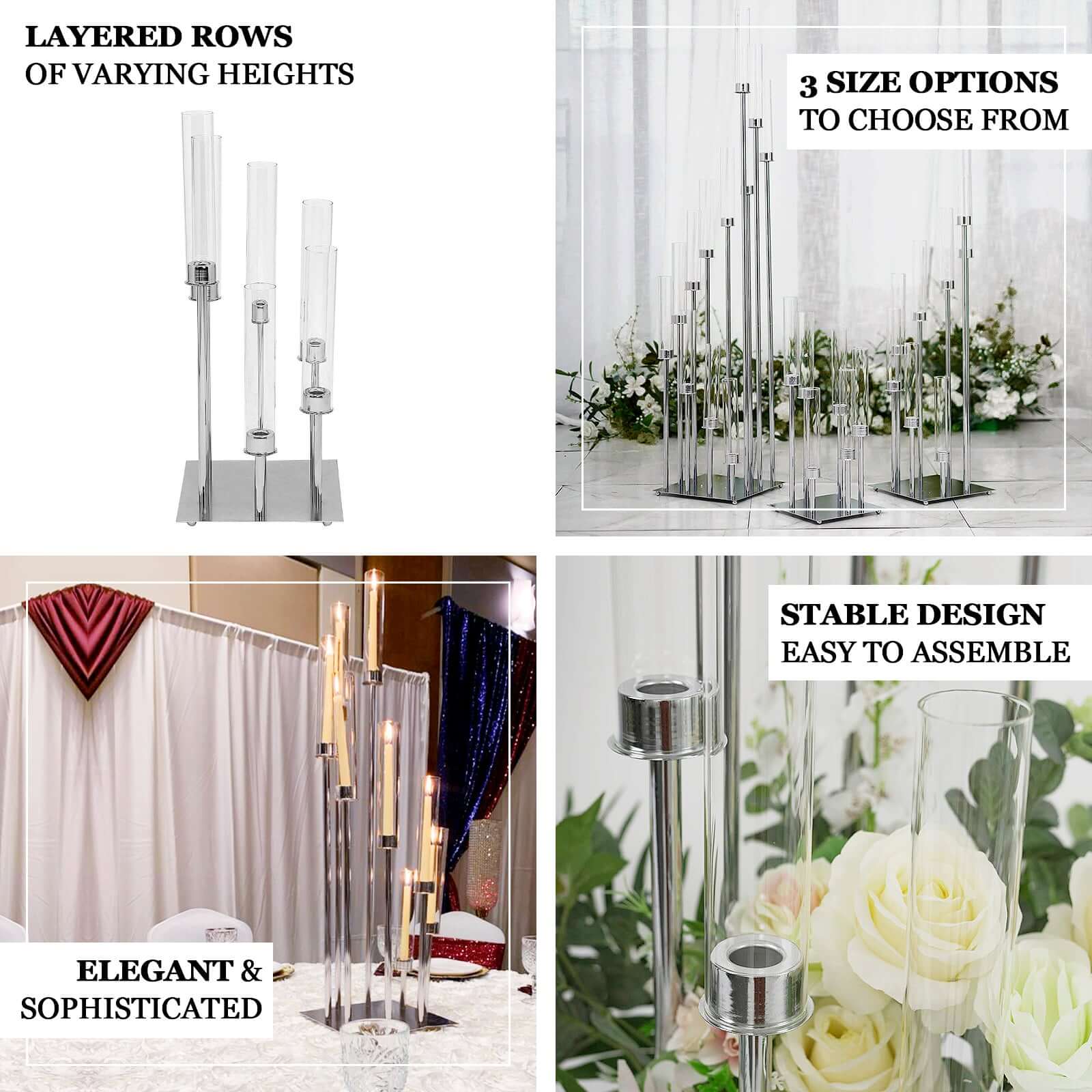 8 Arm Cluster Taper Candle Holder Silver - Stunning Large Candle Arragement With Clear Glass Shades for Grand Banquets & Celebrations 42"
