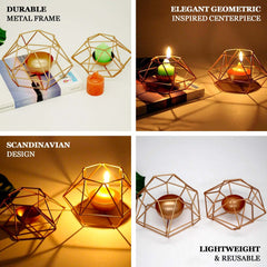 Set of 2 Candle Holders Metal Hexagon Geometric Design Gold - Modern Decorative Centerpieces for Tables 4"x3"