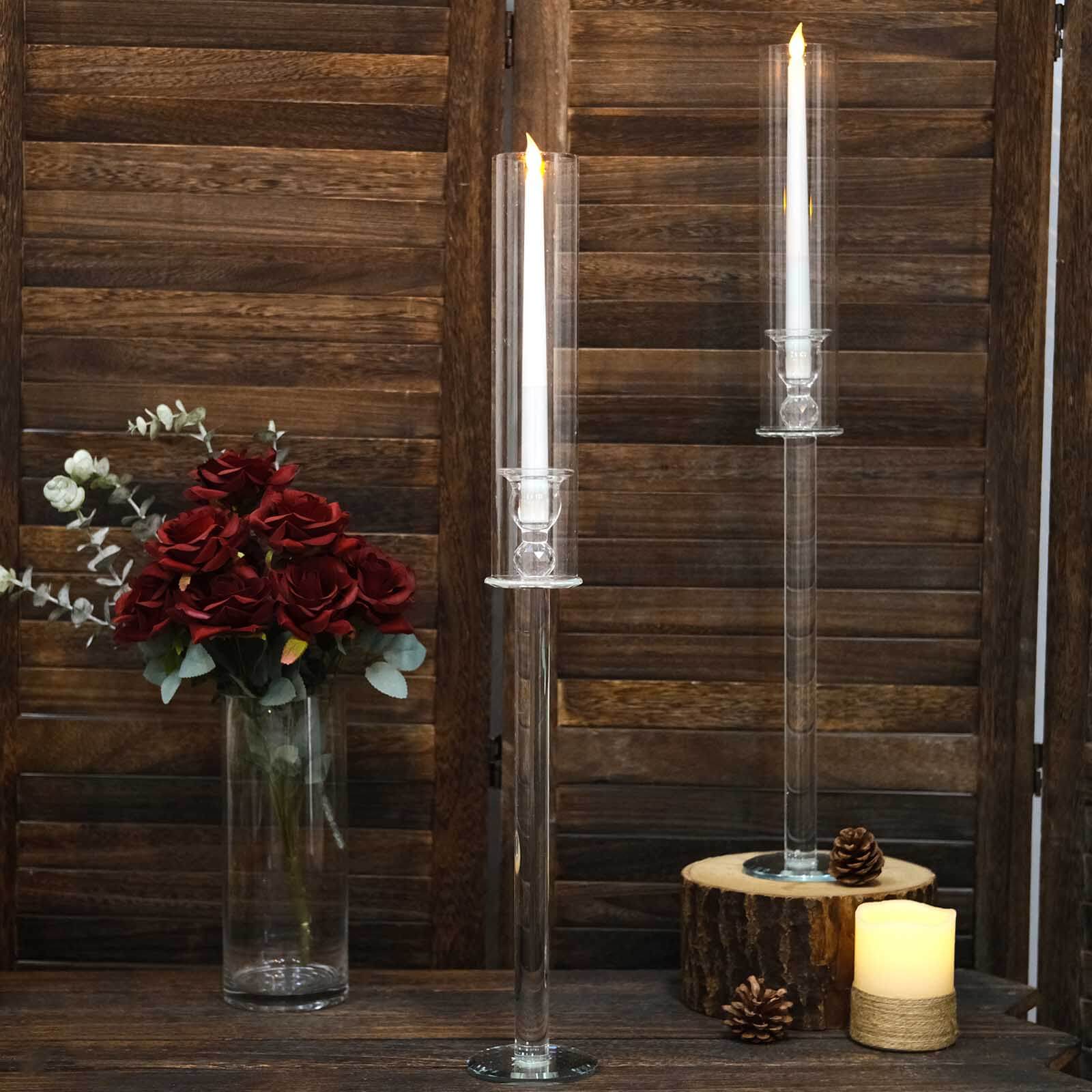 2-Pack Crystal Glass Hurricane Taper Candle Holders, Tall Decorative Candle Stands Clear Cylinder Chimney Tubes 26"