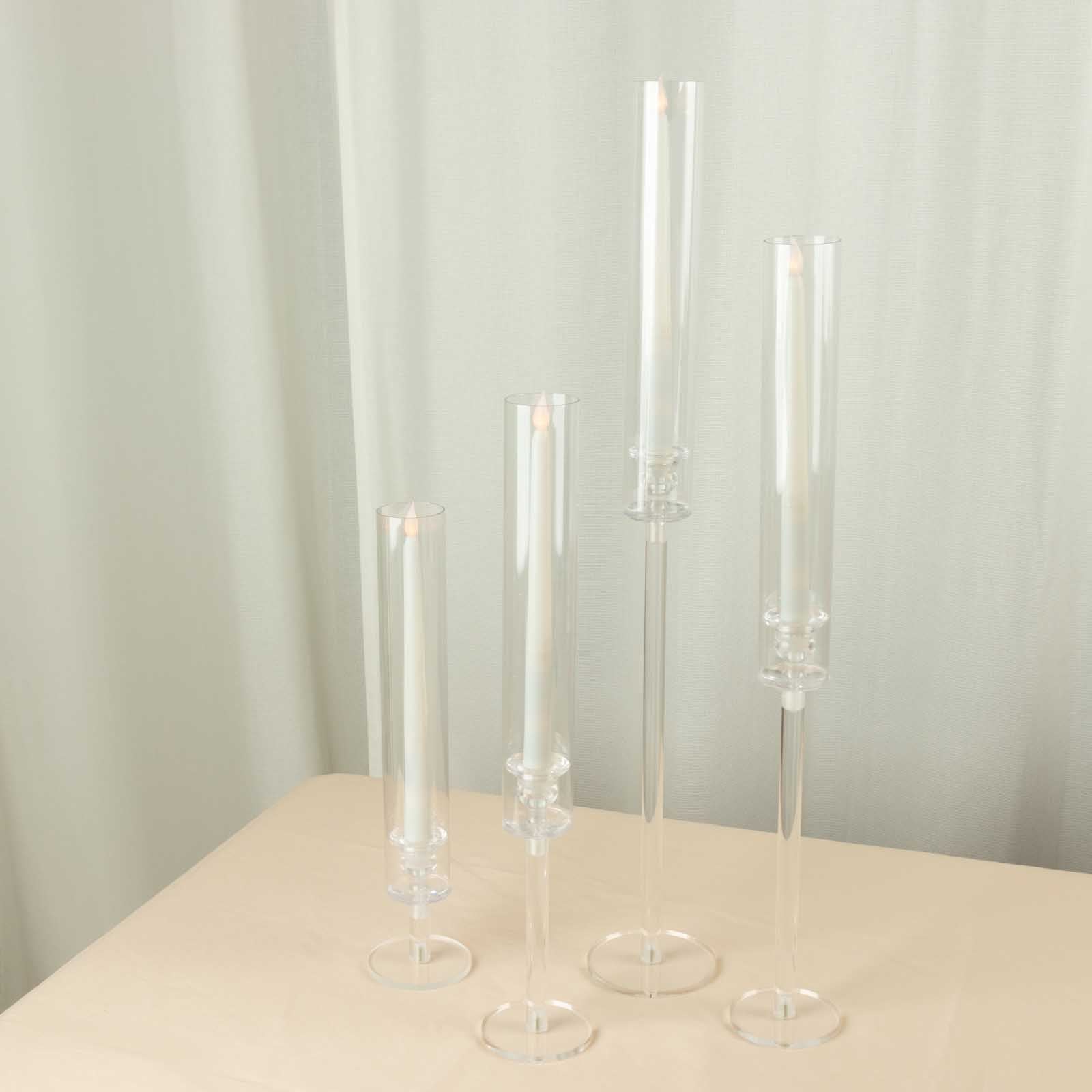 Set of 4 Acrylic Taper Candlestick Holders, Clear Tall Chimney Tube Candle Shades Hurricane Candle Stands 14", 18", 22", 26"