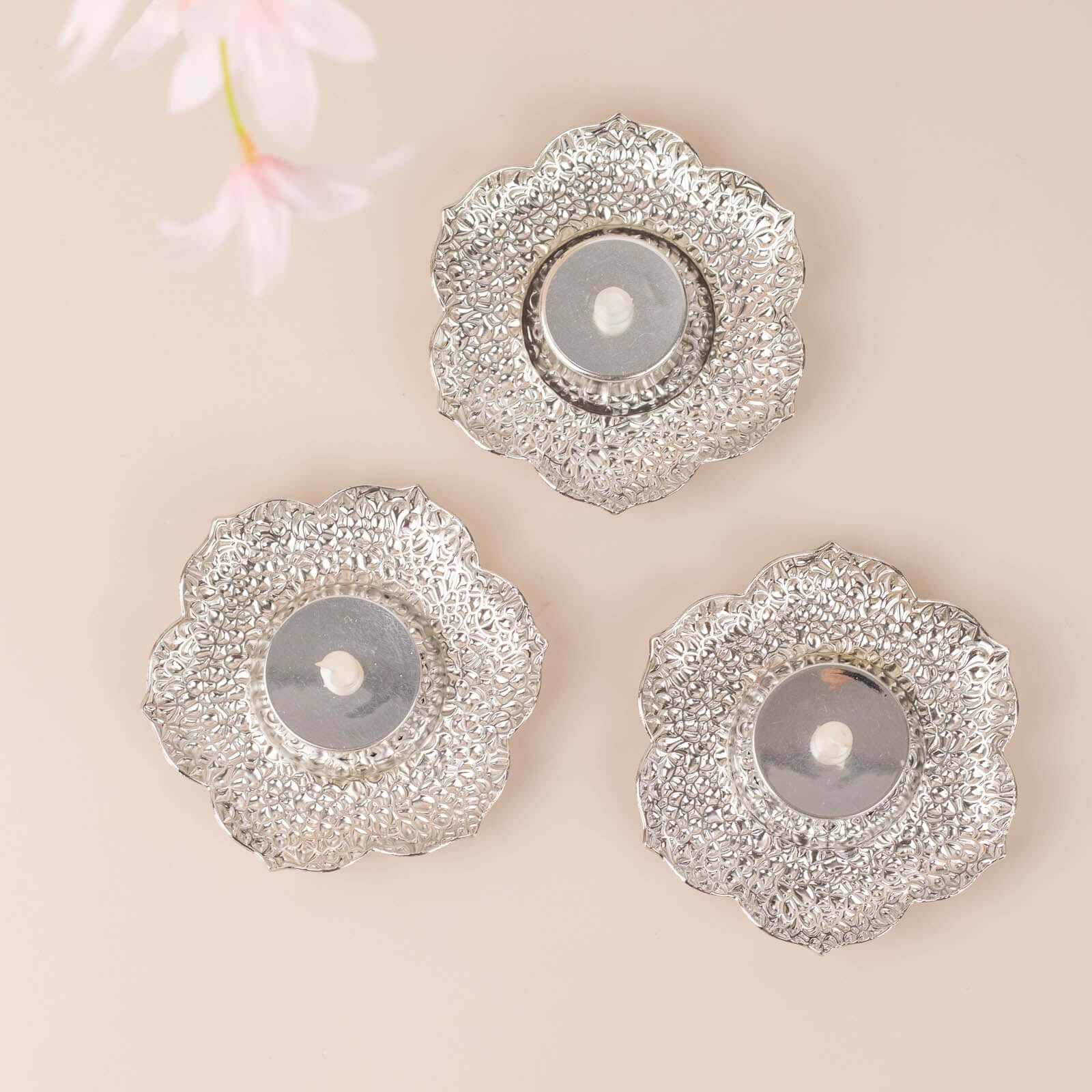 3-Pack Metal Votive Candle Holders Plum Blossom Design Shiny Silver - Vintage Mini Tea Cup Saucers 4"
