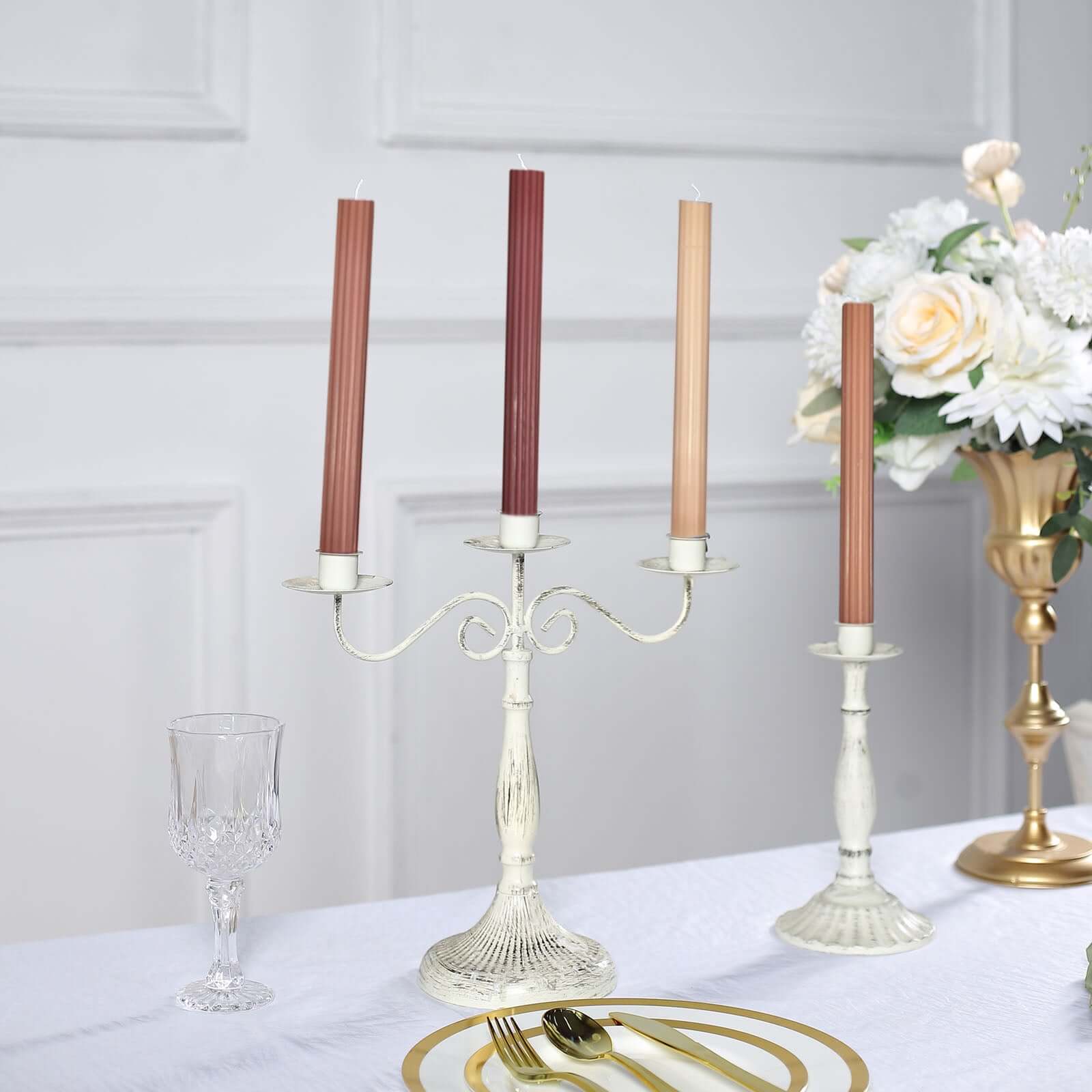 5-Pack Taper Candles Ribbed Wick Ribbon Wax Design Assorted Natural - Premium Unscented Dinner Candles 9"