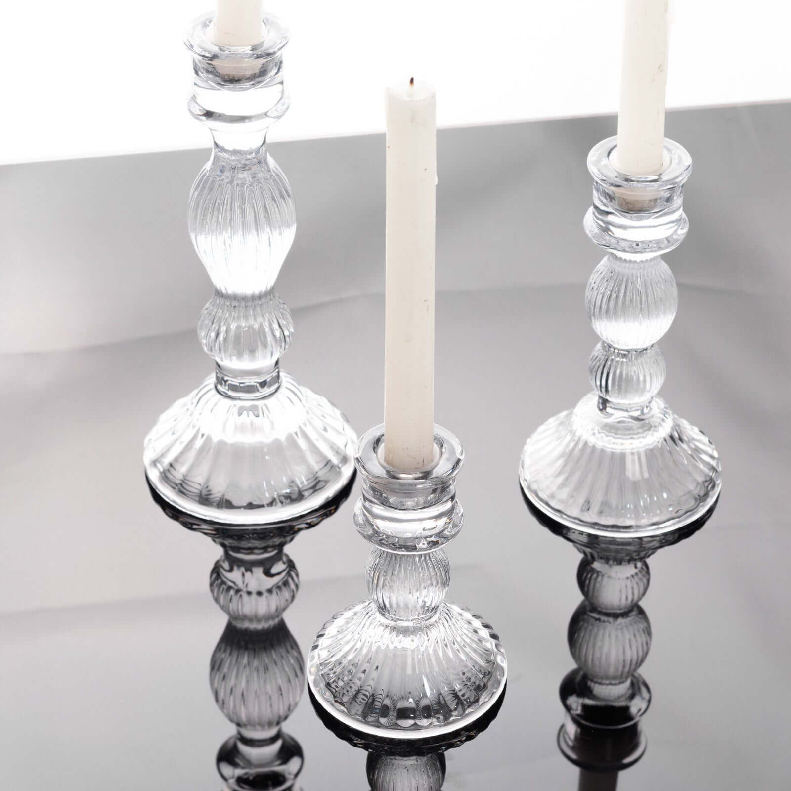 Set of 3 Glass Taper Candle Holders Fluted Design Clear - Ribbed Crystal Candlestick Stands 4", 6", 8"