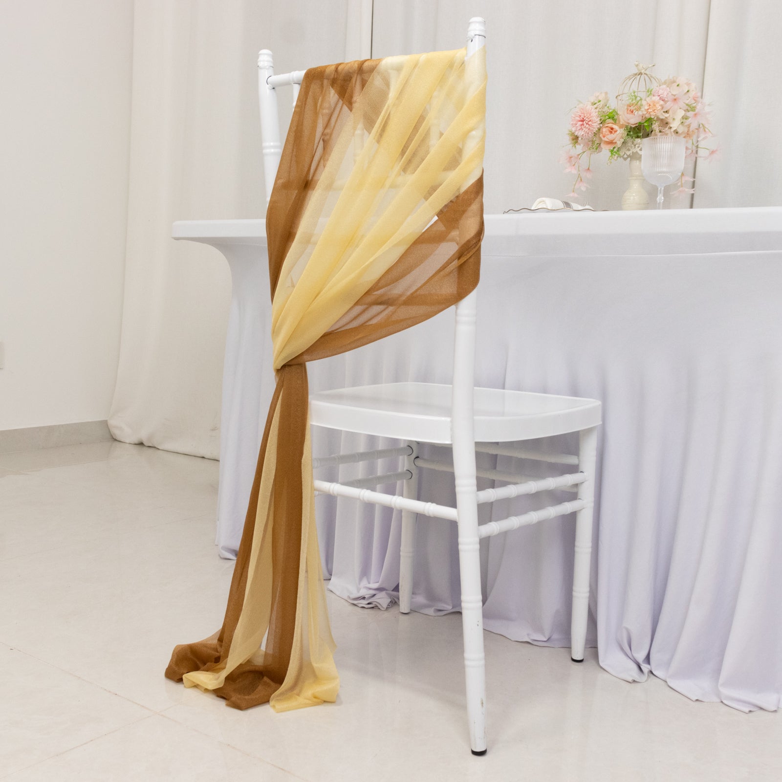 20-Pack Sheer Chair Drape Decor in Champagne and Gold – 9ft Shimmer Sash, Wrinkle-Free