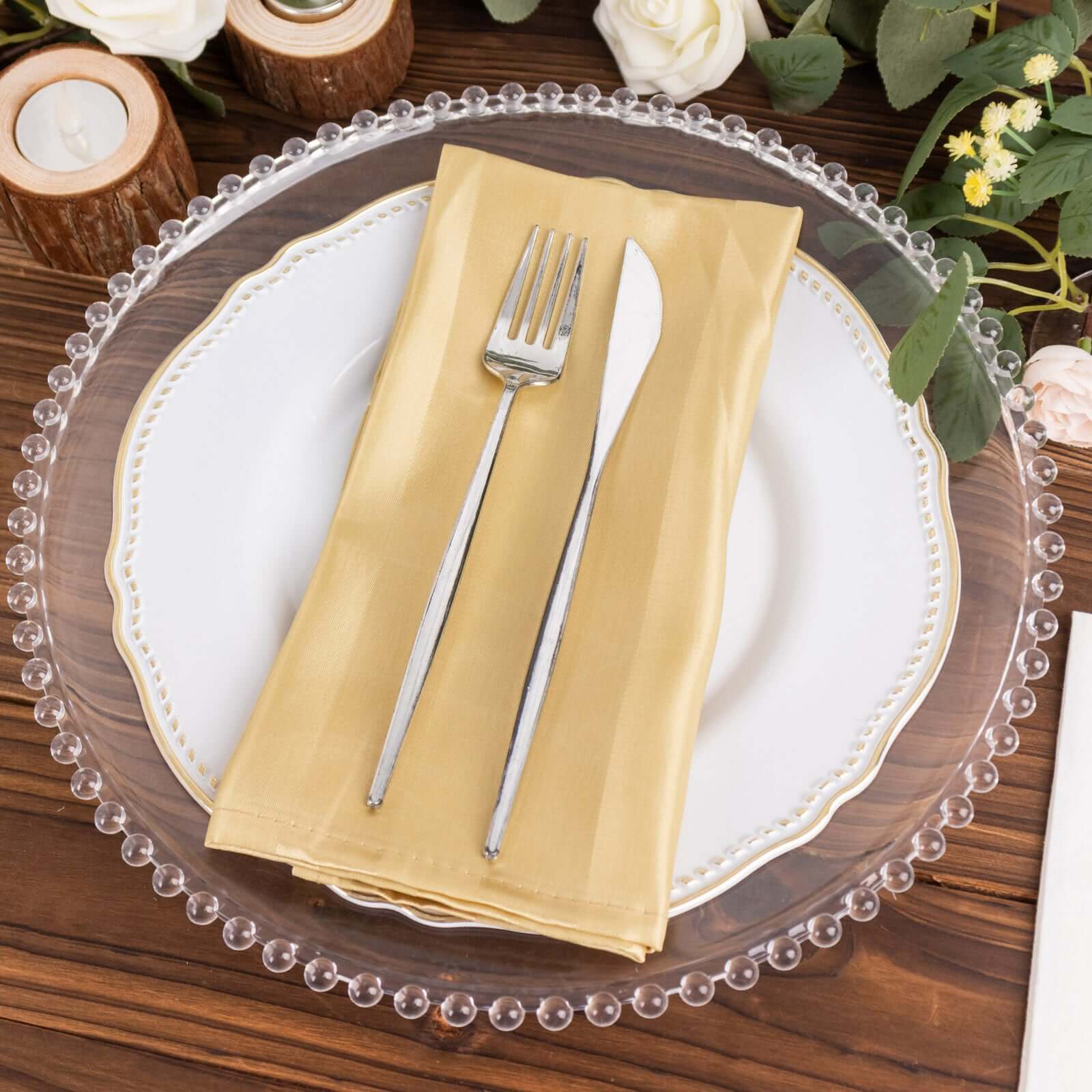 5 Pack Satin 20"x20" Napkins Champagne Glossy Stripes - Durable & Wrinkle-Free Cloth Napkins