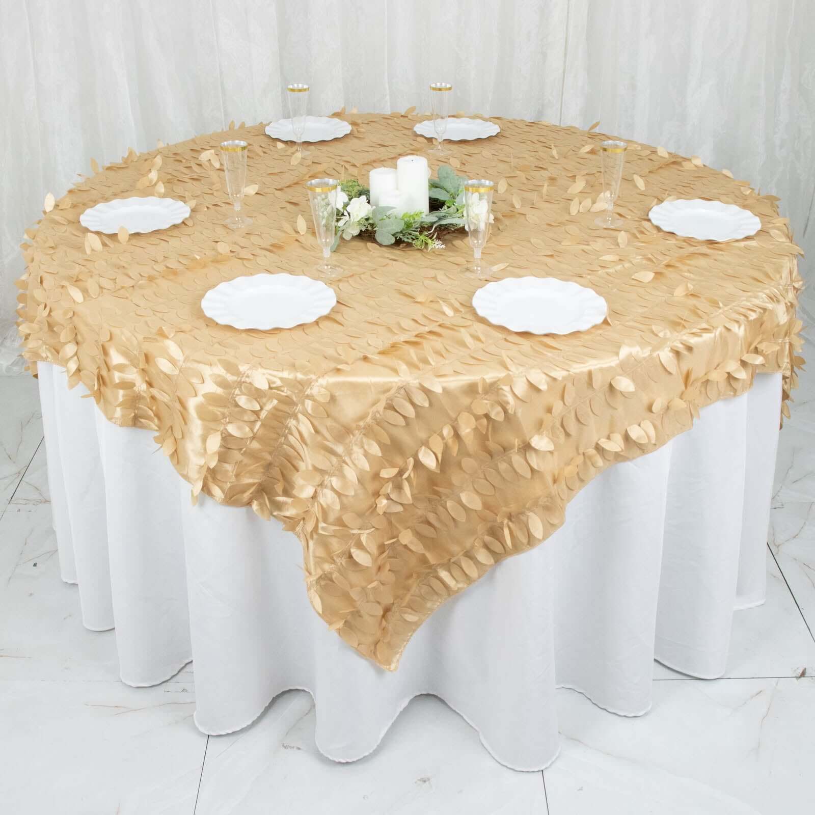 Taffeta 72"x72" Table Overlay Square Tablecloth Champagne - 3D Leaf Petal Table Cover