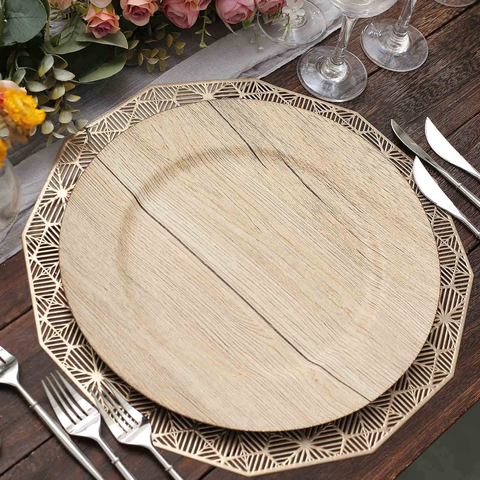 6-Pack Plastic Round Charger Plates 13" in Natural with Faux Wood Finish, Rustic Boho Chic Dinner Party Charger Tableware