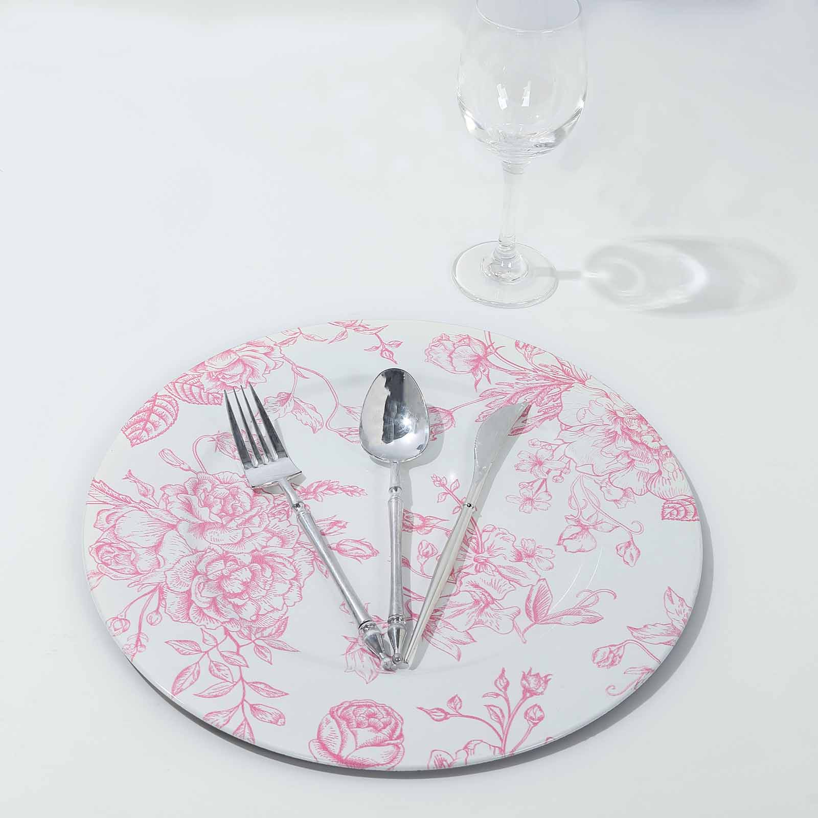 6-Pack Acrylic Round Charger Plates 13" in White with Pink Floral French Toile Pattern, Decorative Dinner Party Charger Tableware