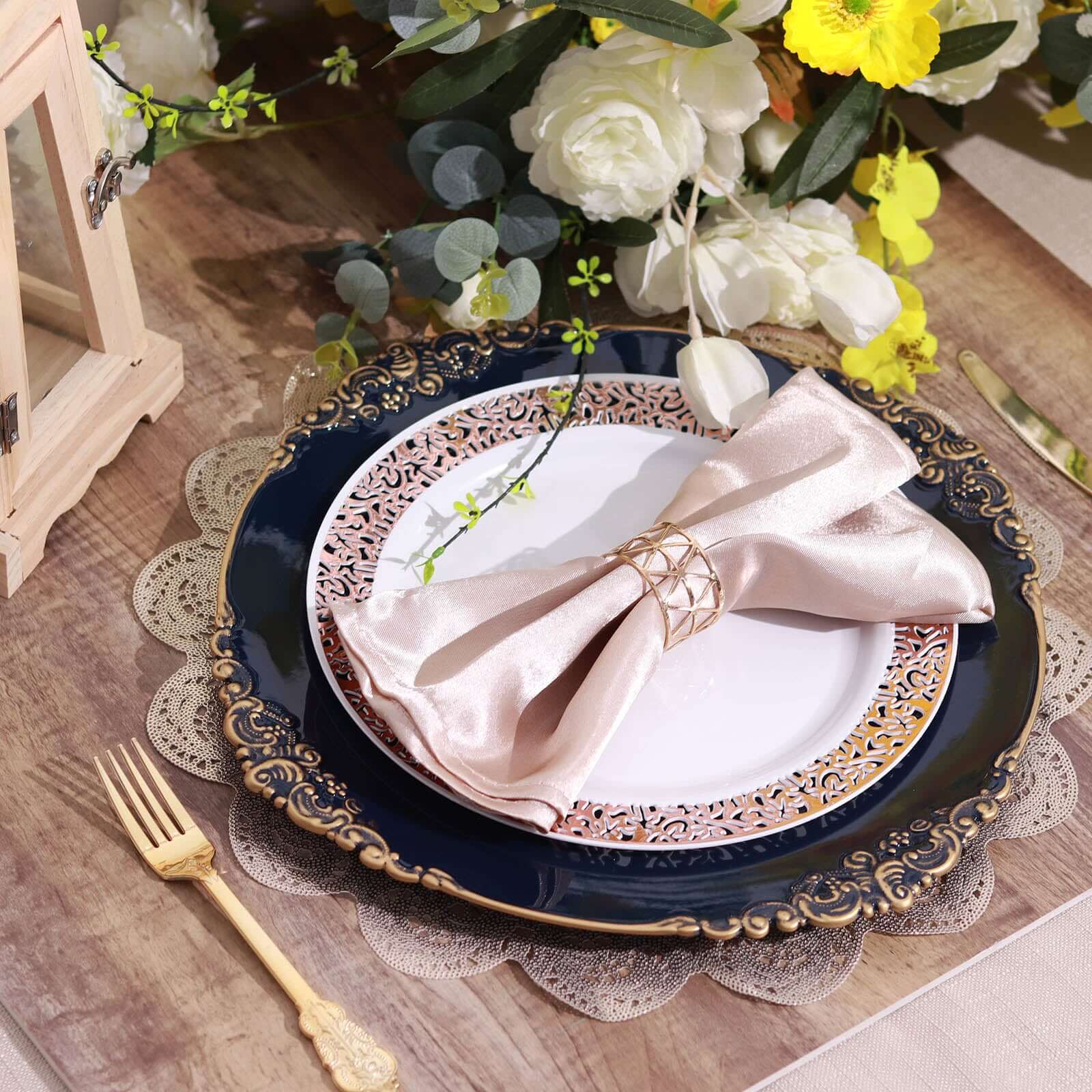 6-Pack Acrylic Round Charger Plates 13" in Navy Blue with Gold Embossed Baroque Rim, Antique Decorative Dinner Party Charger Tableware