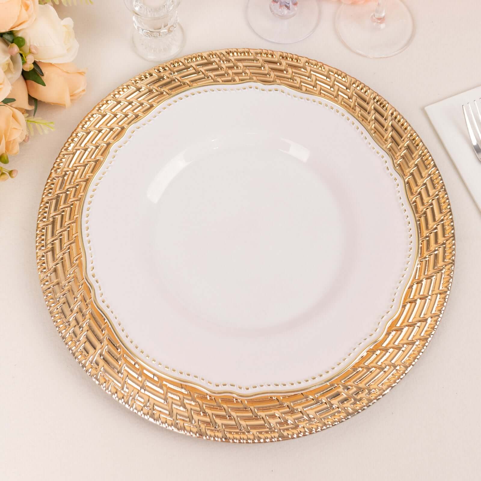 6-Pack Acrylic Round Charger Plates 13" in Metallic Gold with Swirl Rattan Pattern, Farmhouse Plastic Charger Tableware