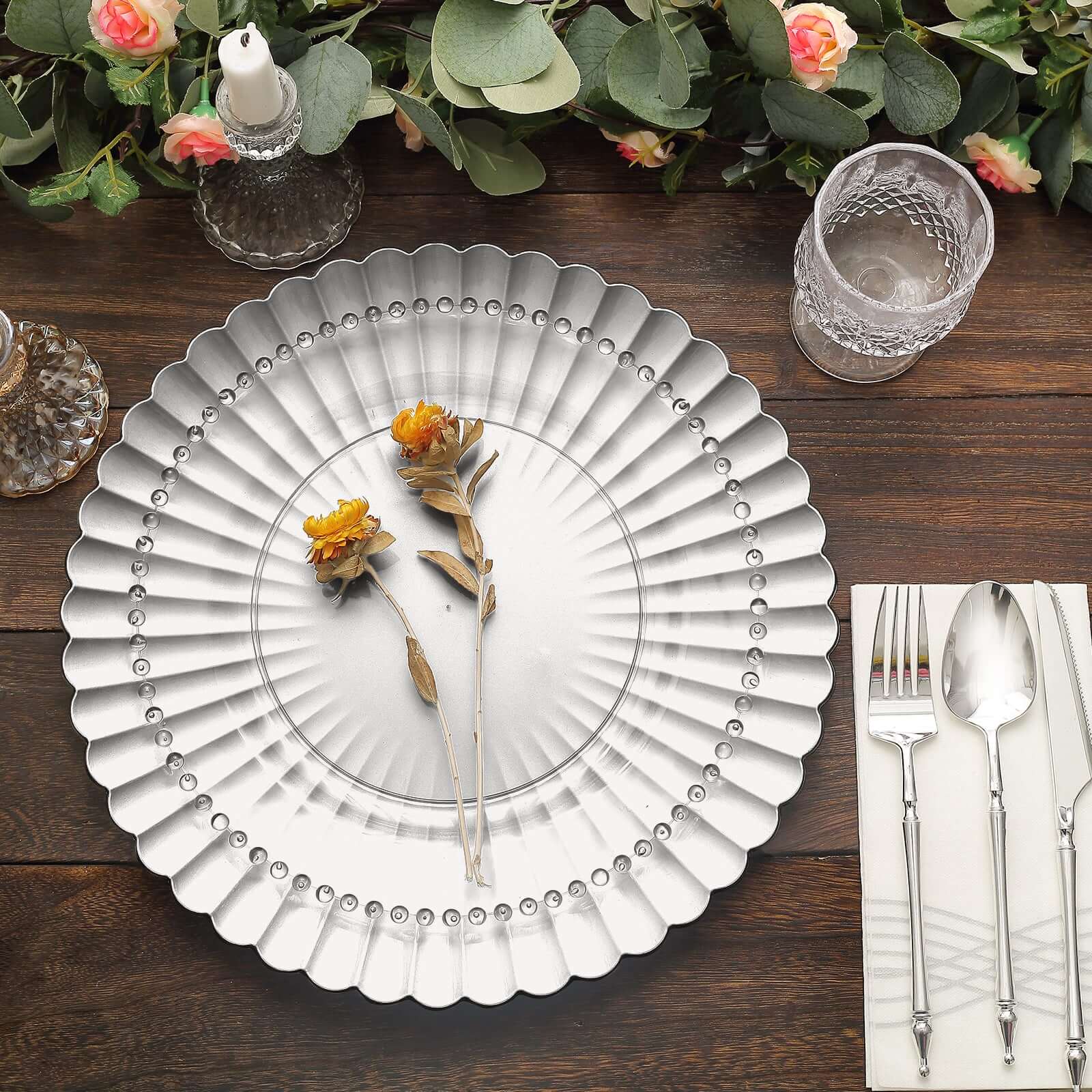 6-Pack Plastic Round Charger Plates 13" in Silver with Scalloped Shell Pattern, Coastal Inspired Disposable Charger Tableware