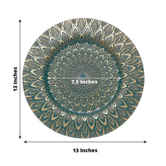 6-Pack Plastic Round Charger Plates 13" in Teal with Gold Embossed Peacock Pattern, Stylish Disposable Charger Tableware