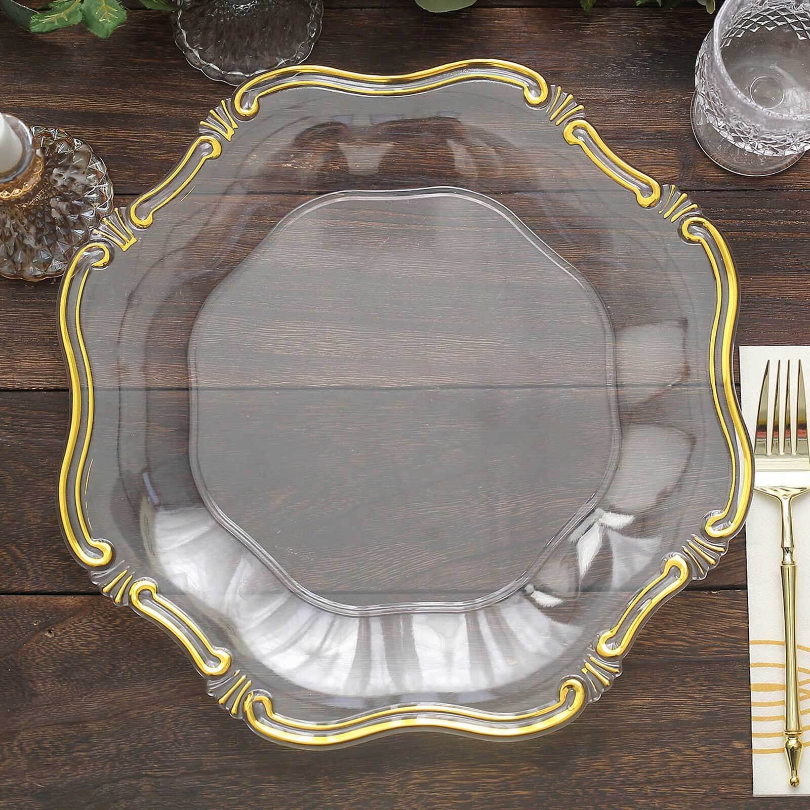 6-Pack Acrylic Plastic Hexagon Charger Plates 13" in Clear with Gold Baroque Scalloped Rim, Exquisite Dinner Serving Plates