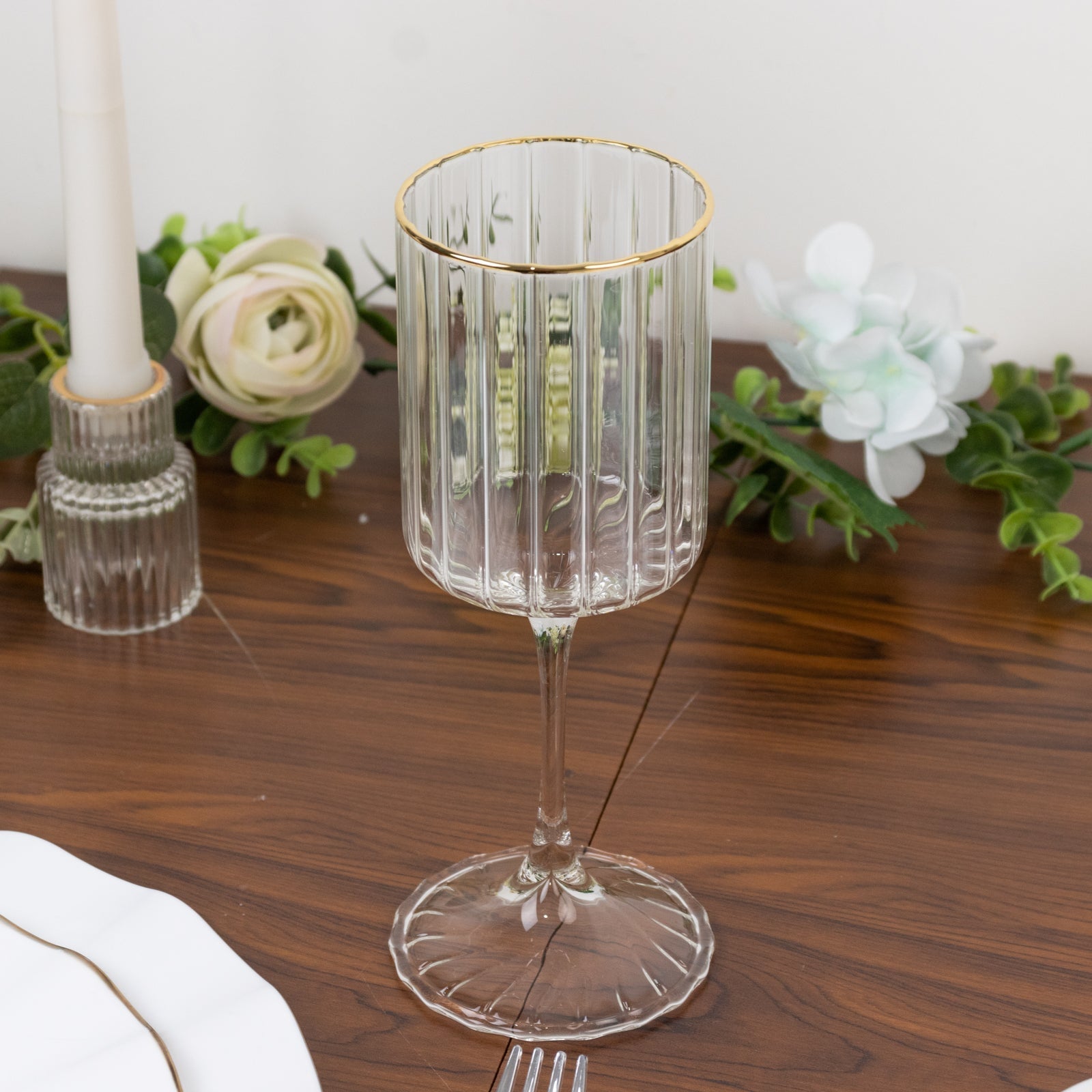 6-Pack Vintage Wine Goblet Glasses – 10oz Ribbed Clear Glass with Gold Rim, Classic Table Drinkware for Cocktails or Beverages – 8" Tall