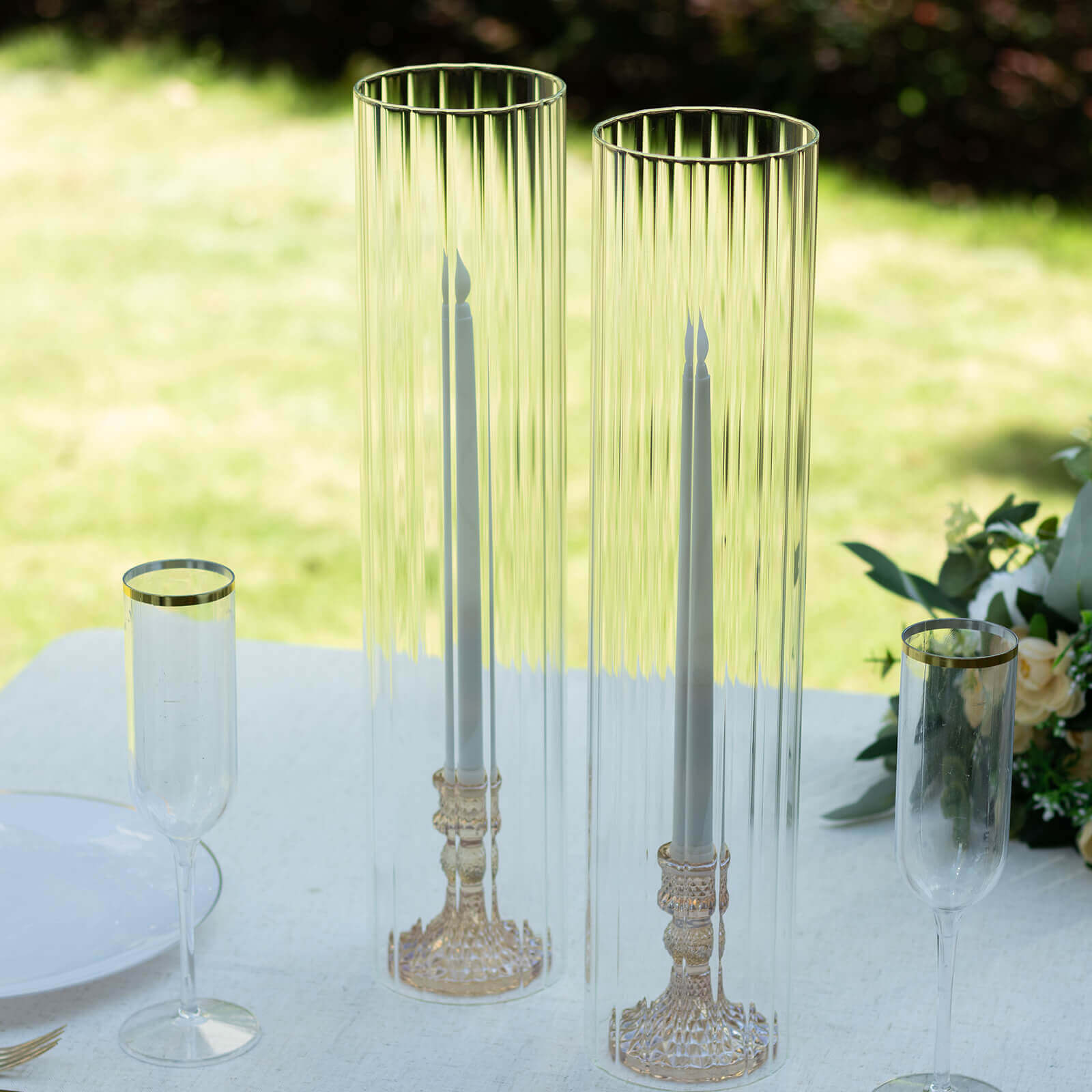 2-Pack Clear Ribbed Glass Hurricane Shades Open End Design - Stylish Candelabra Pillar Candle Holder Table Centerpiece 18"