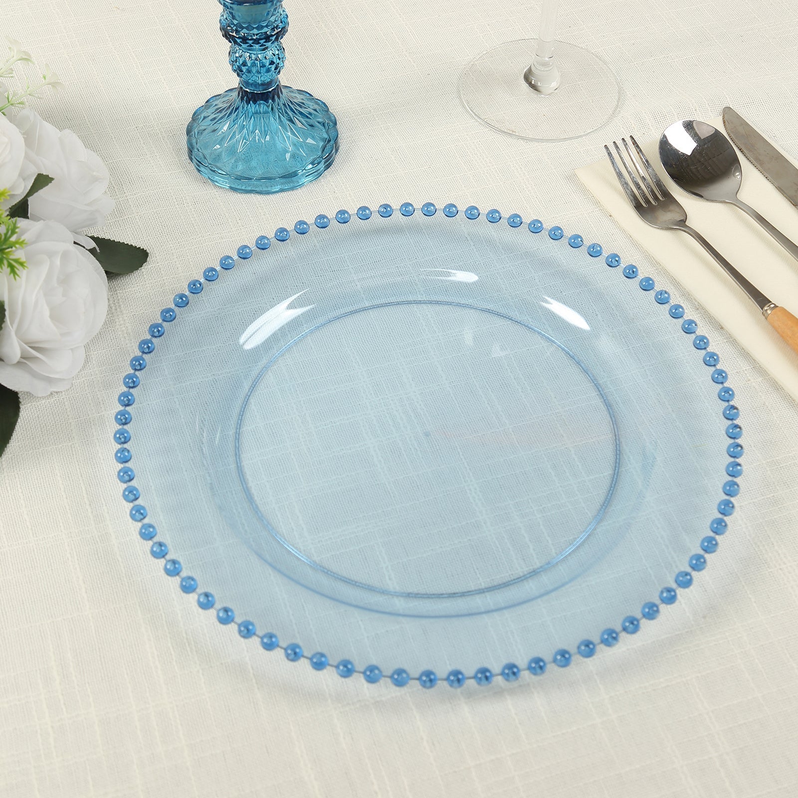 10-Pack Plastic 10" Round Dinner Plates in Transparent Dusty Blue with Beaded Rim - Disposable Party Plates for Banquets & Festive Occasions