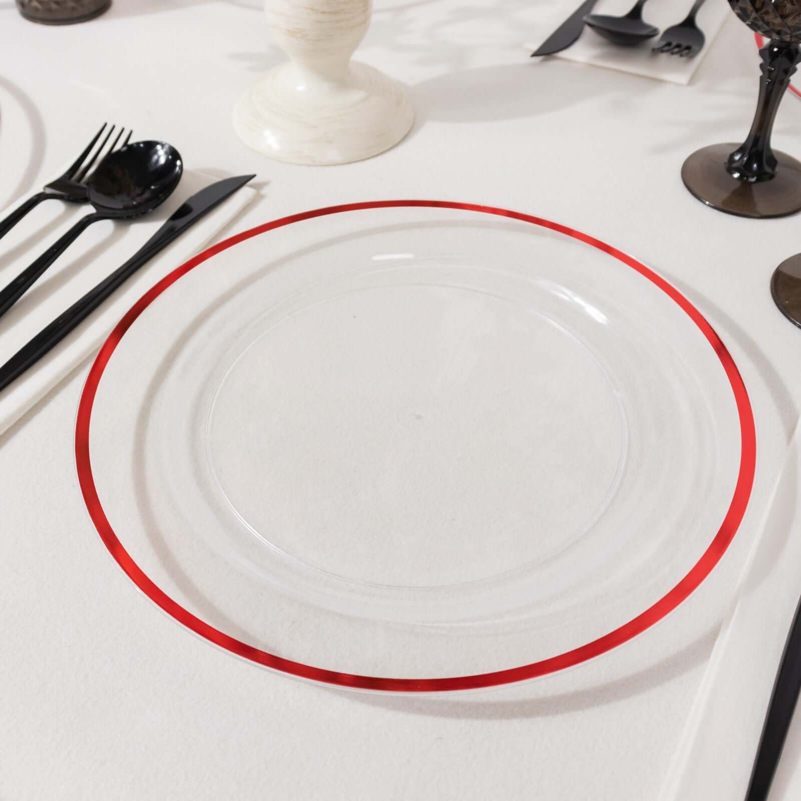10-Pack Plastic 10" Round Dinner Plates in Clear with Red Rim - Disposable Party Plates for Classy Banquets & Special Occasions