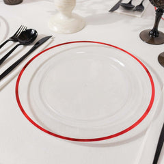 10-Pack Plastic 10" Round Dinner Plates in Clear with Red Rim - Disposable Party Plates for Classy Banquets & Special Occasions