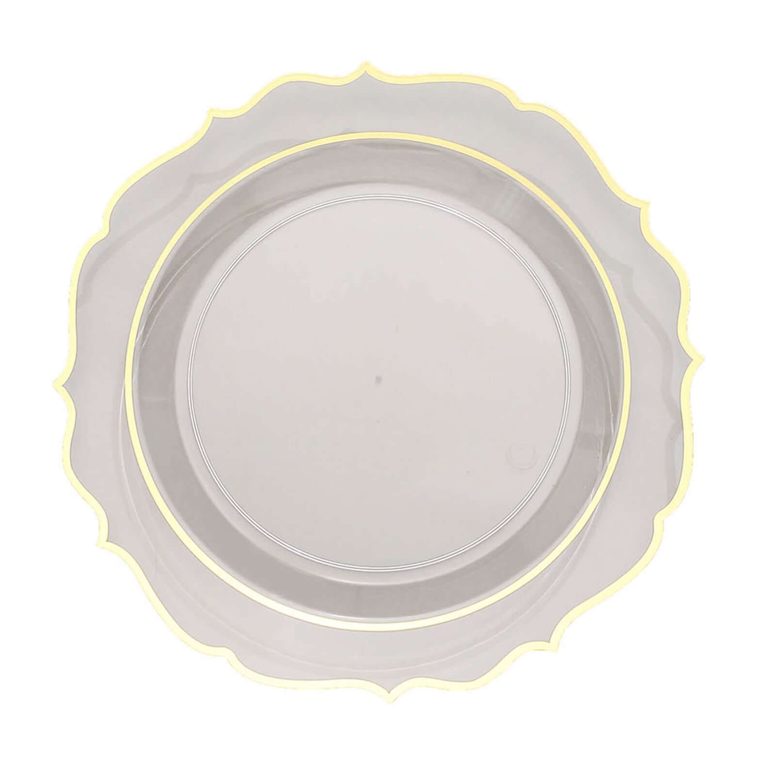 10-Pack Plastic 10" Round Dinner Plates in Clear with Gold Scalloped Rim - Disposable Party Plates