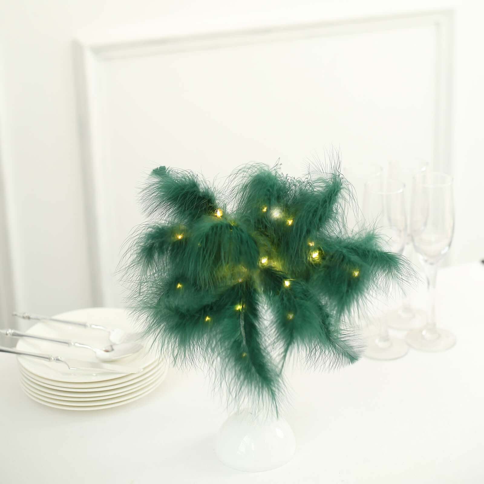 Table Lamp Feather Design Hunter Emerald Green LED Battery Operated - Cordless Wedding Centerpiece 15"