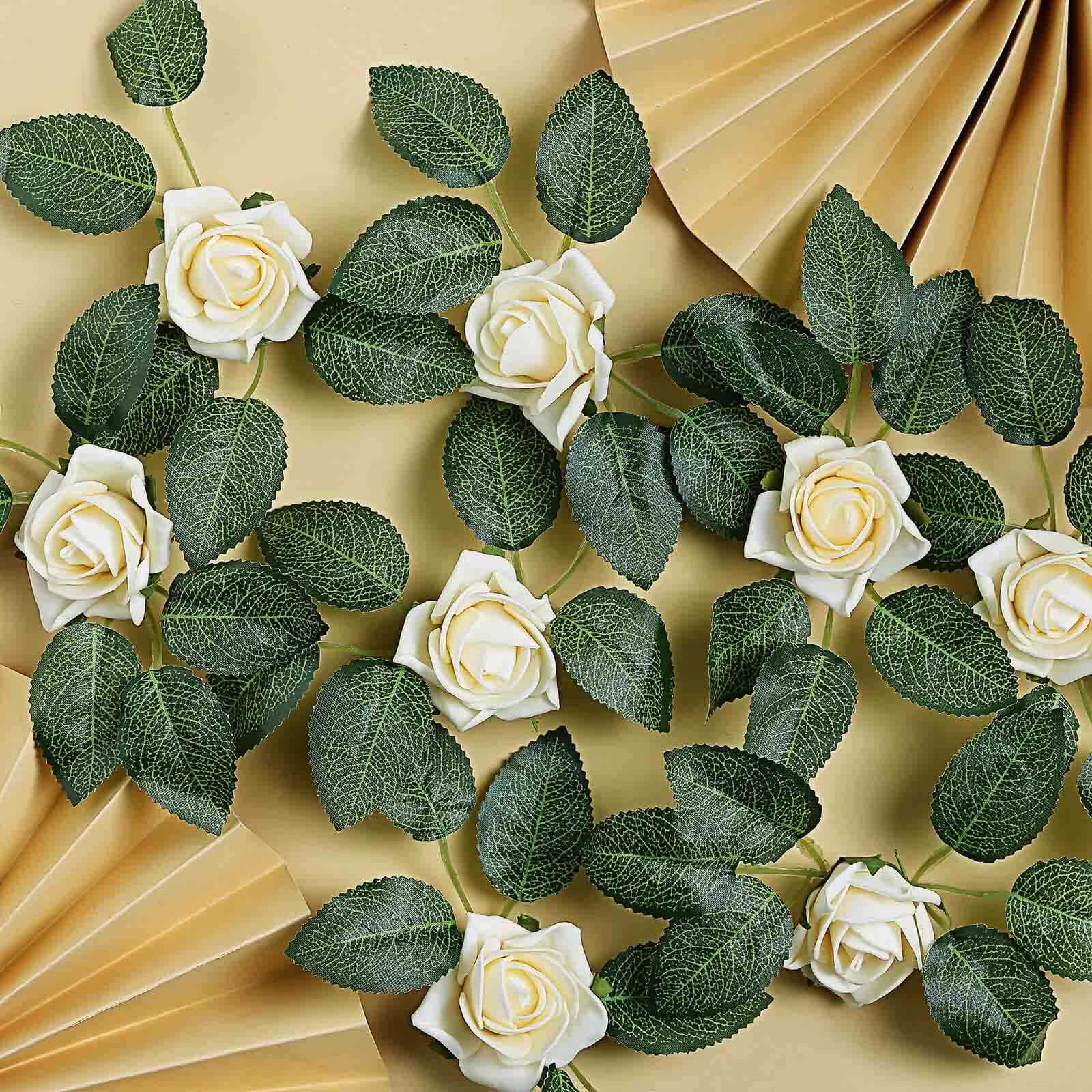 24 Roses 2" Cream Artificial Foam Flowers With Stem Wire and Leaves