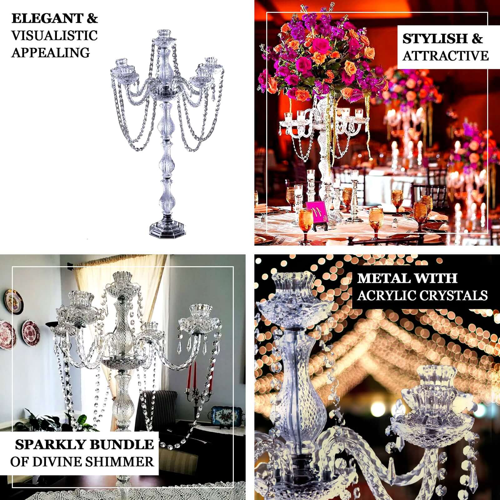 4-Arm Crystal Chandelier Candelabra Silver Metal - Sophisticated Taper Candlestick Holder Table Centerpiece 35"
